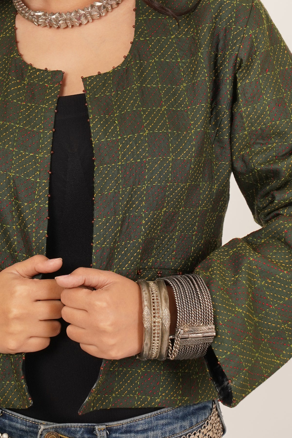 Reversible Green Kantha Short Jacket