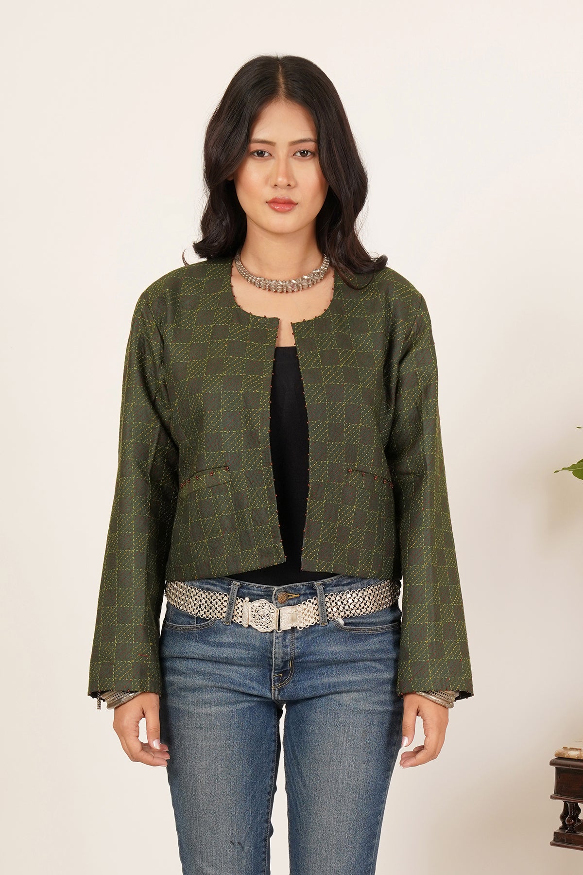 Reversible Green Kantha Short Jacket