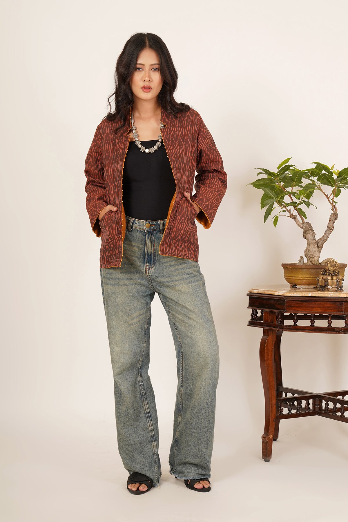 Kantha & Ikkat Short Reversible Jacket (Mustard)