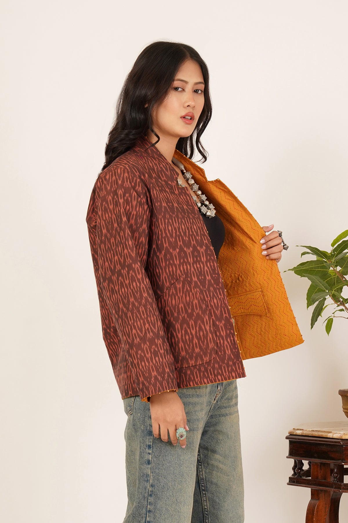 Kantha & Ikkat Short Reversible Jacket (Mustard)