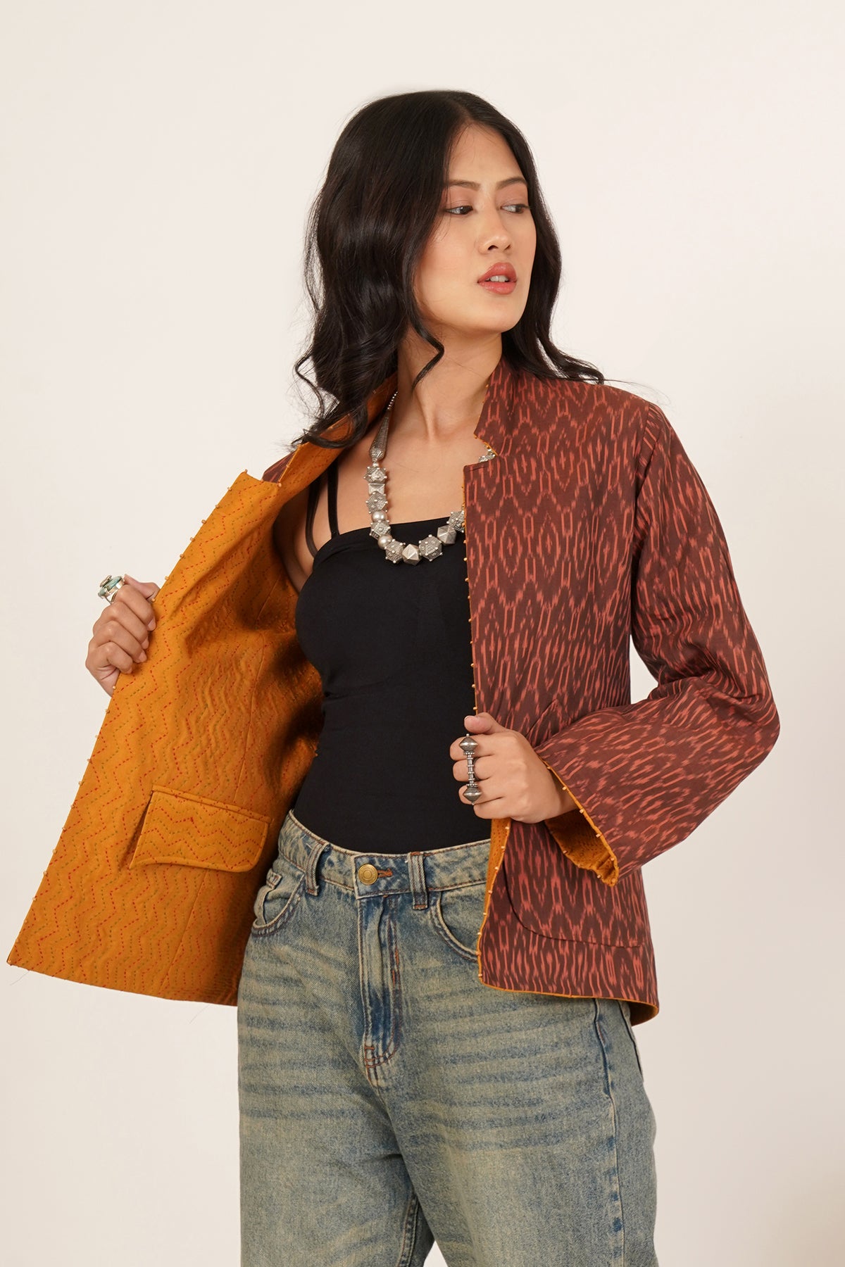 Kantha & Ikkat Short Reversible Jacket (Mustard)