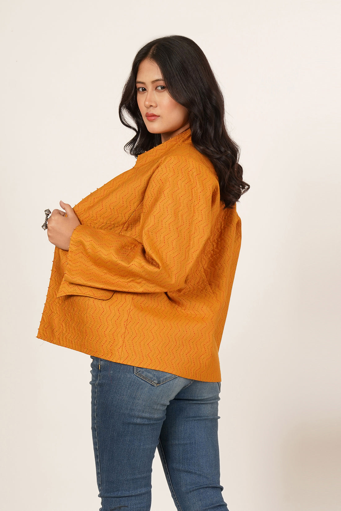 Kantha & Ikkat Short Reversible Jacket (Mustard)
