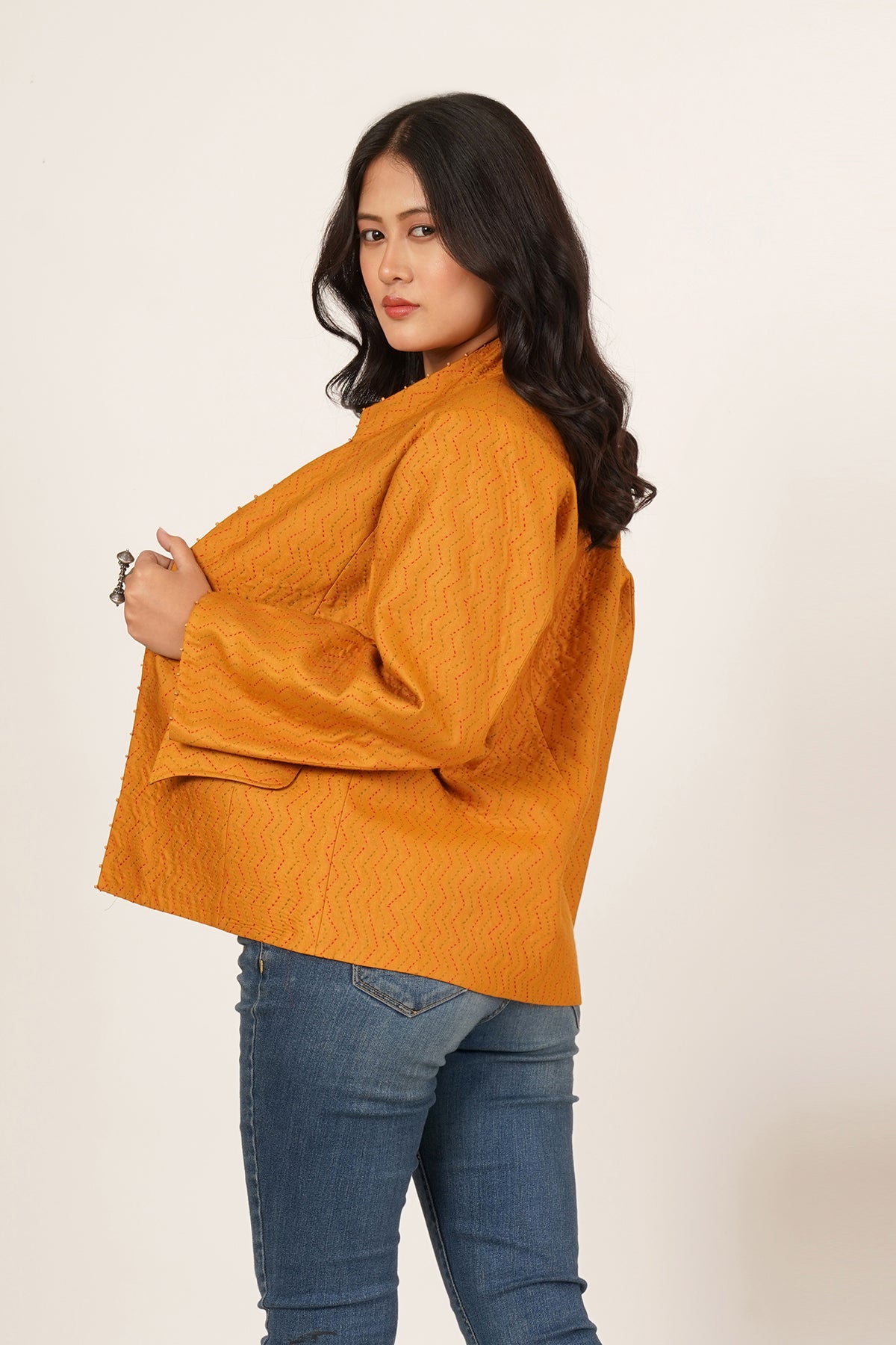 Kantha & Ikkat Short Reversible Jacket (Mustard)