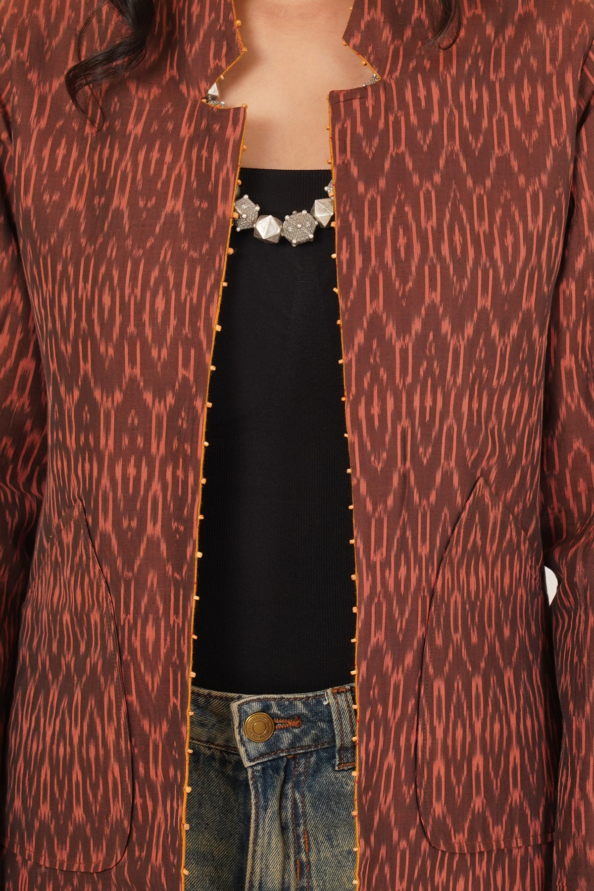 Kantha & Ikkat Short Reversible Jacket (Mustard)