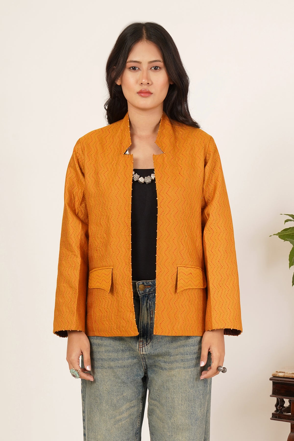 Kantha & Ikkat Short Reversible Jacket (Mustard)