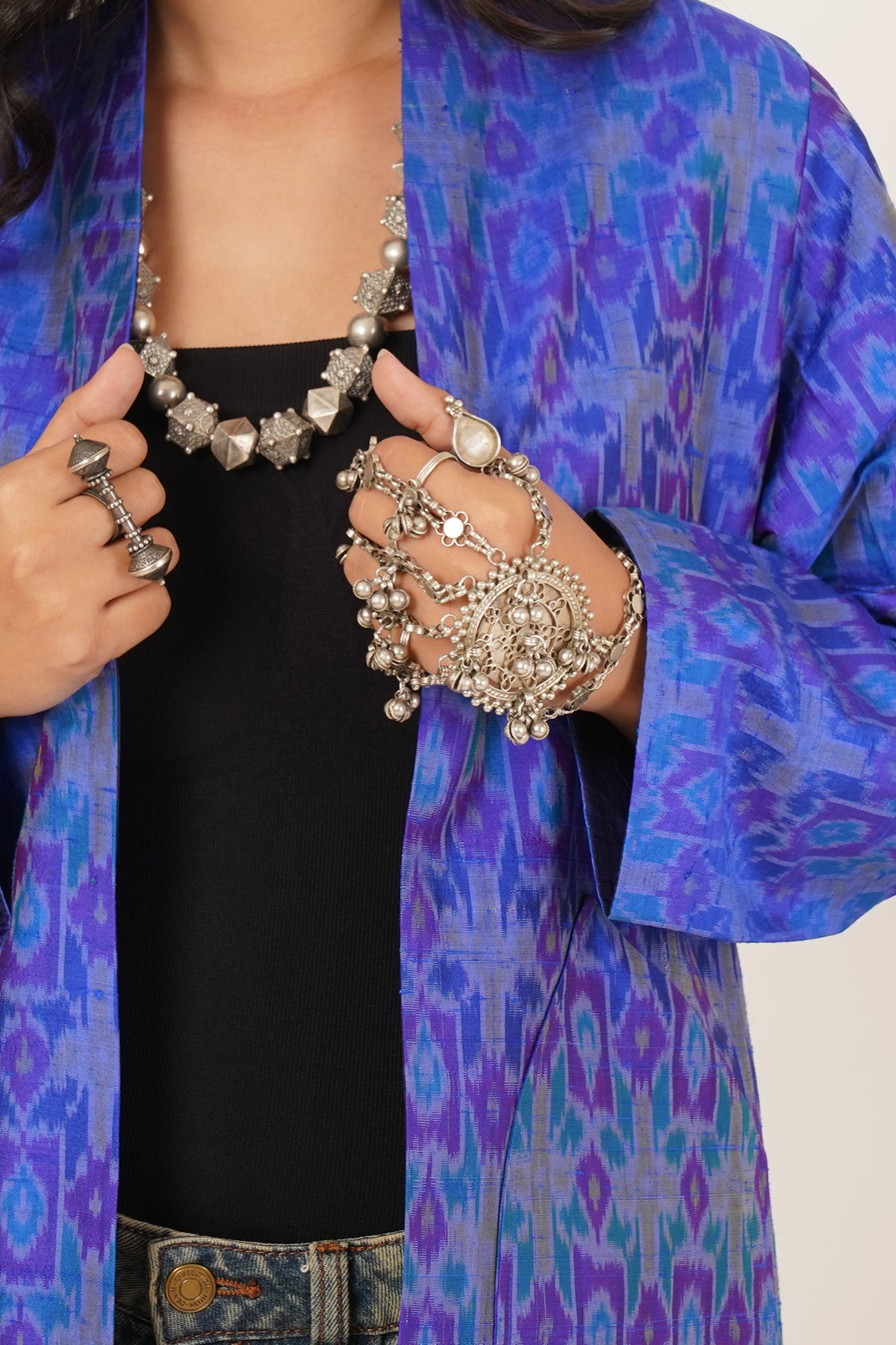 Kantha & Ikat Short Reversible Jacket (Blue)