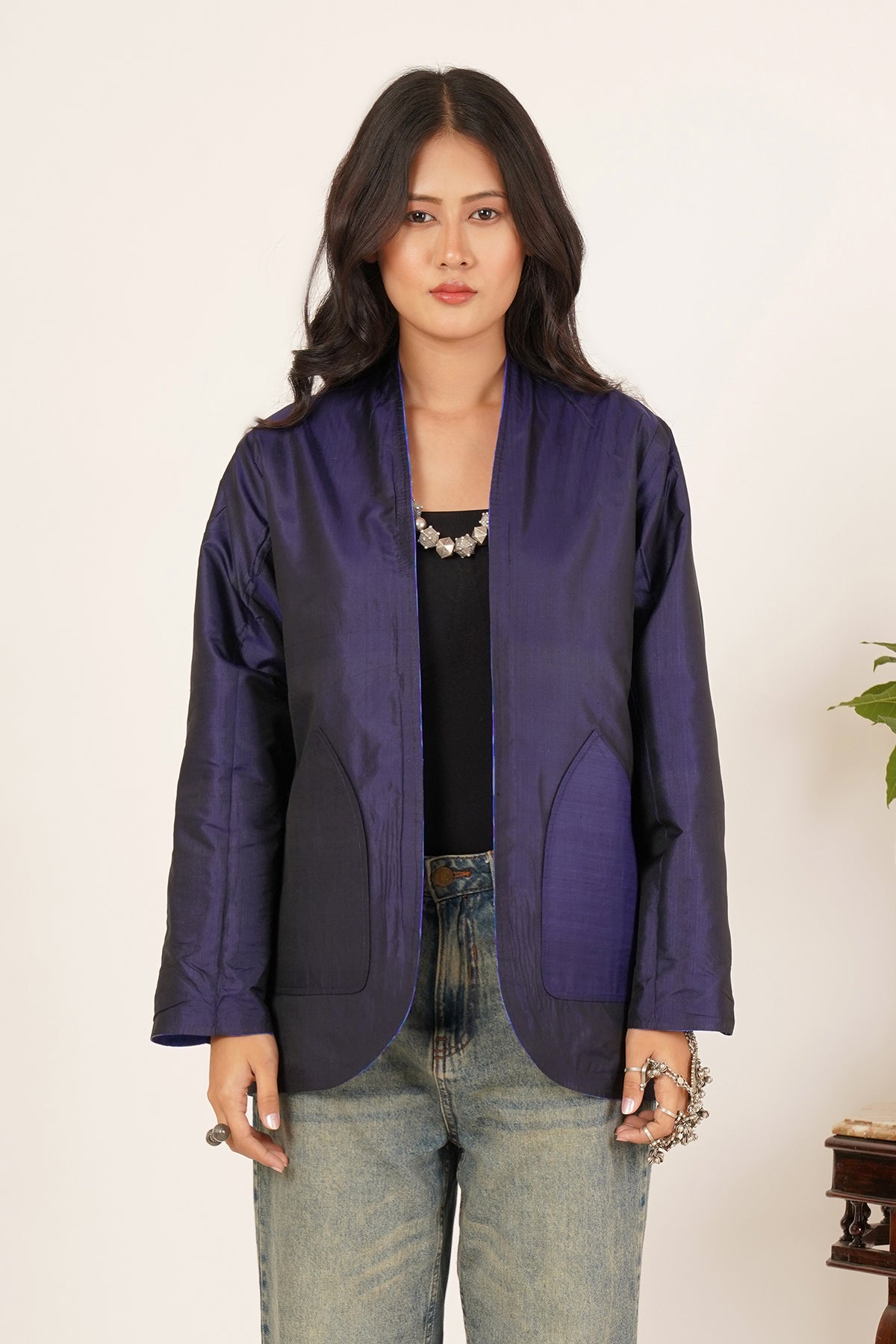 Kantha & Ikat Short Reversible Jacket (Blue)