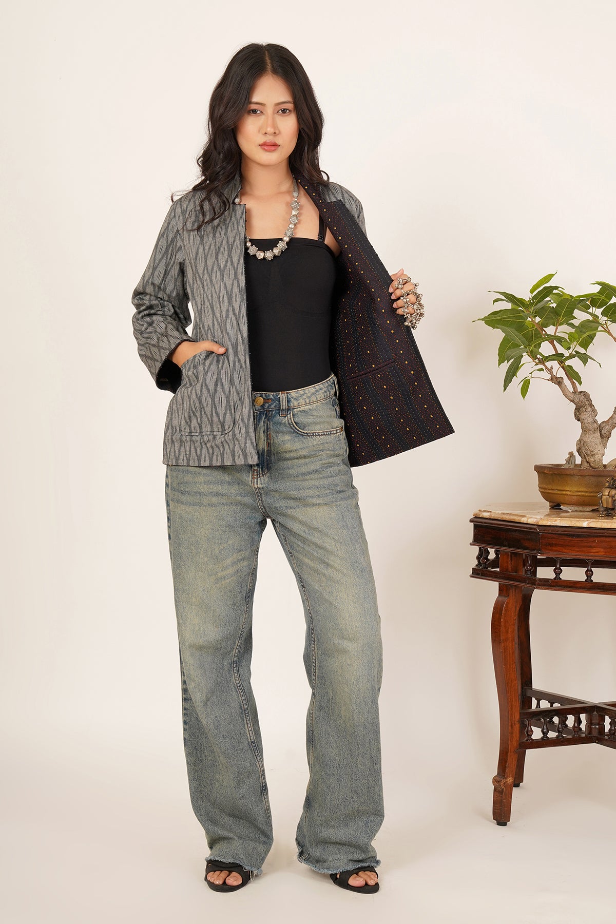 Kantha & Ikat Short Jacket (Black)