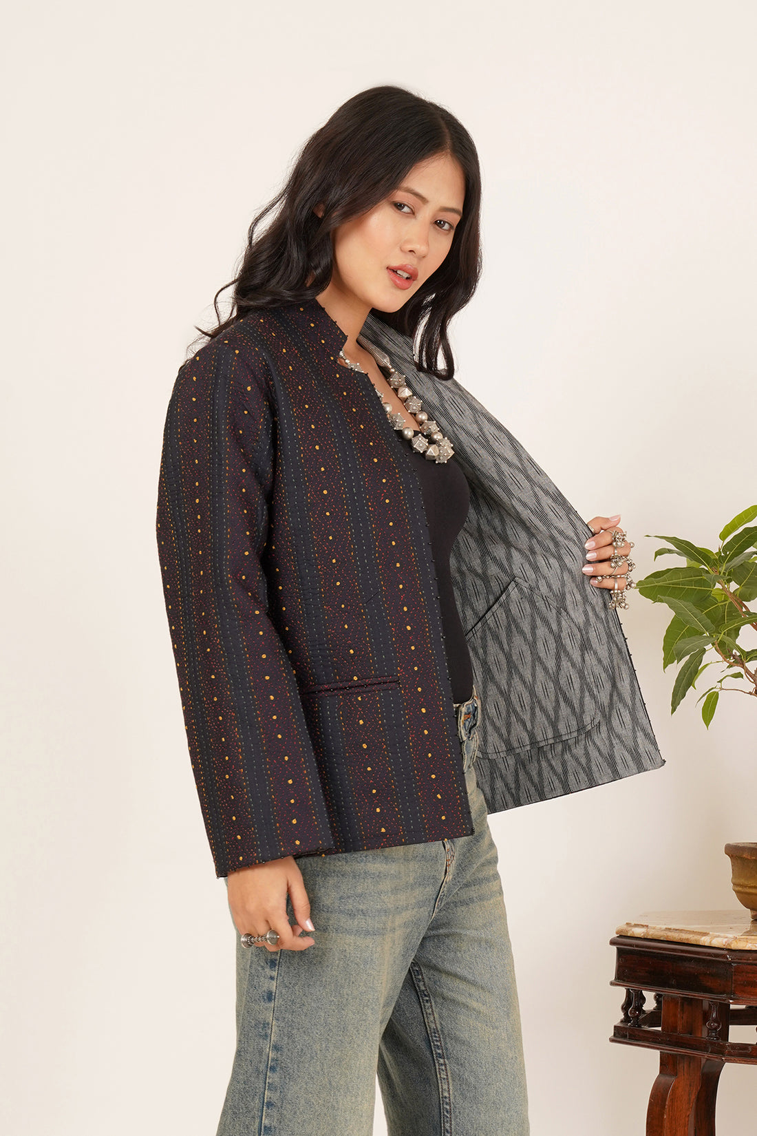 Kantha & Ikat Short Jacket (Black)