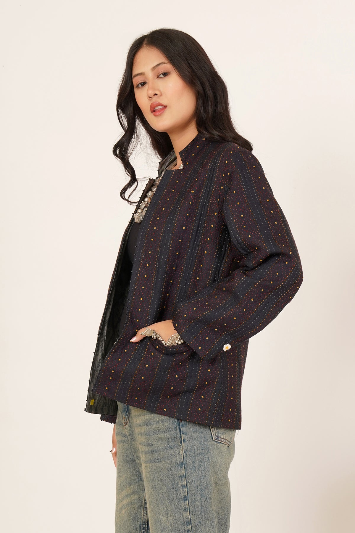 Kantha & Ikat Short Jacket (Black)