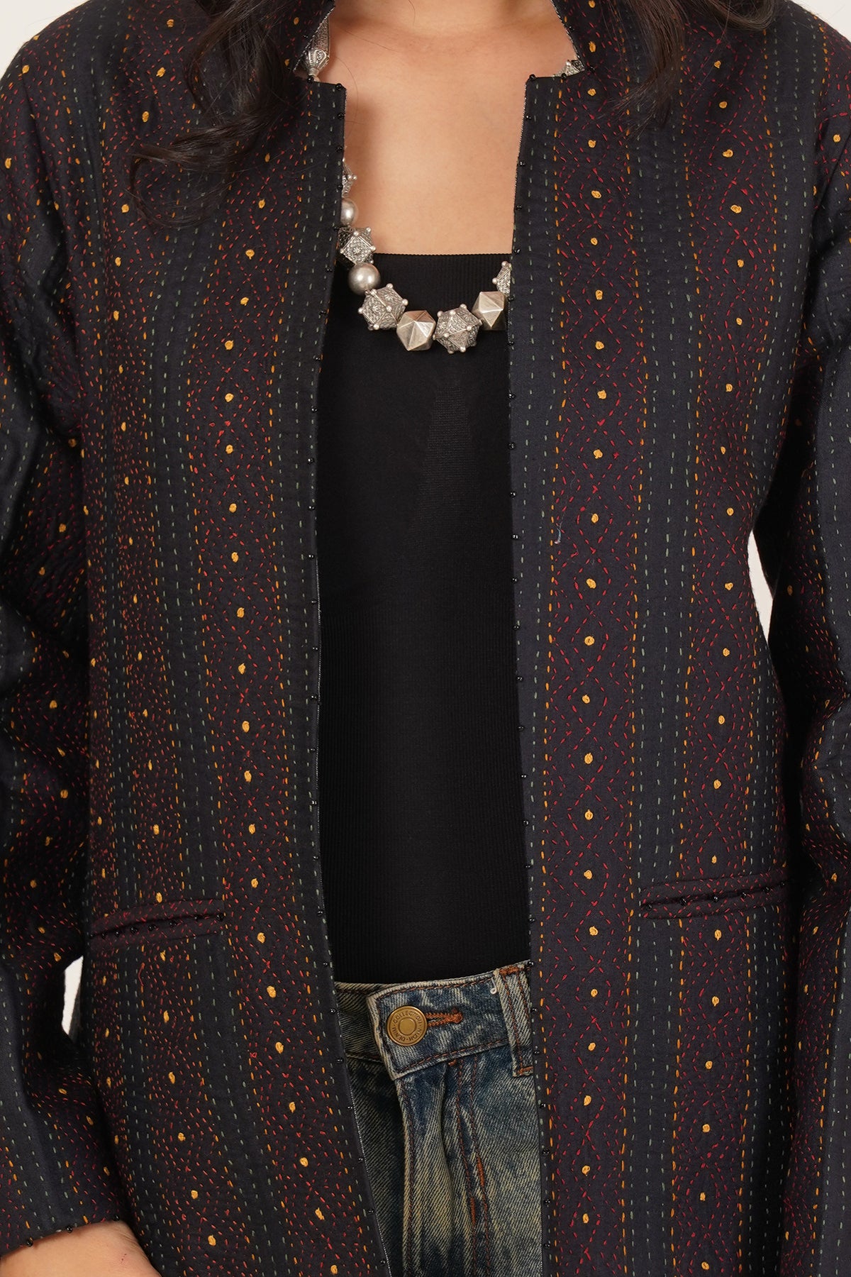 Kantha & Ikat Short Jacket (Black)