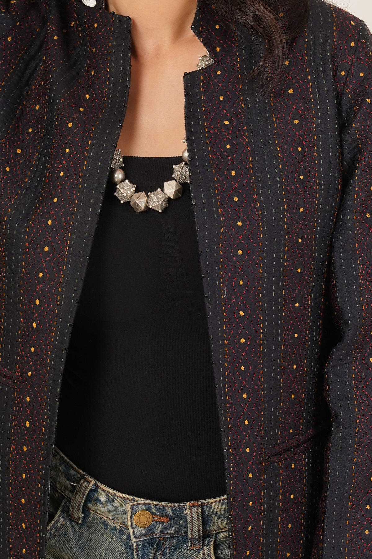 Kantha & Ikat Short Jacket (Black)
