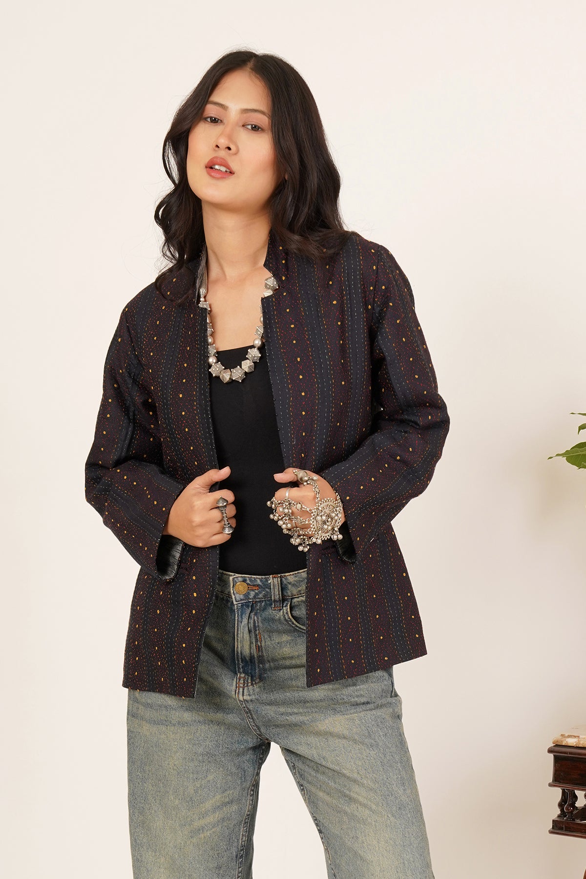 Kantha & Ikat Short Jacket (Black)