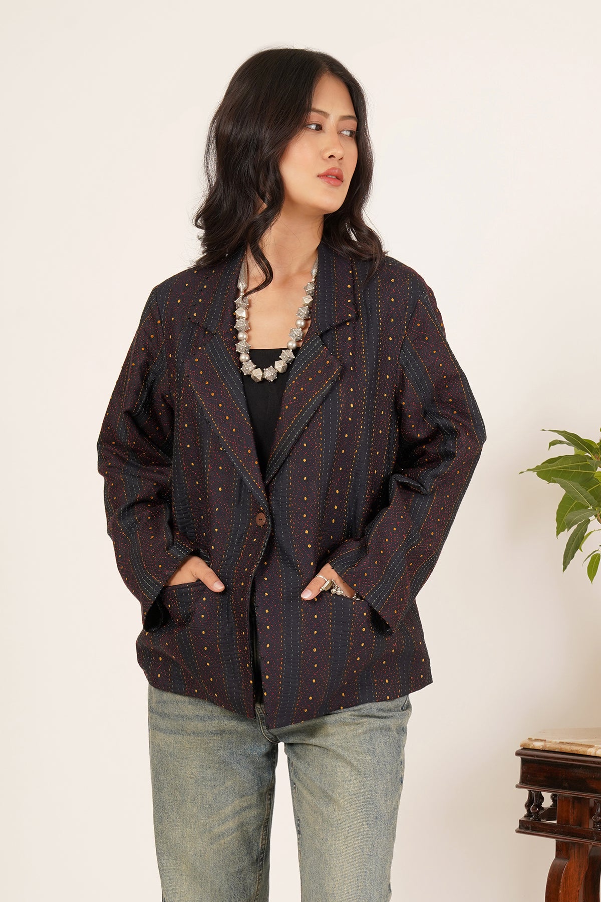 Kantha & Ikat Short Jacket (Black)