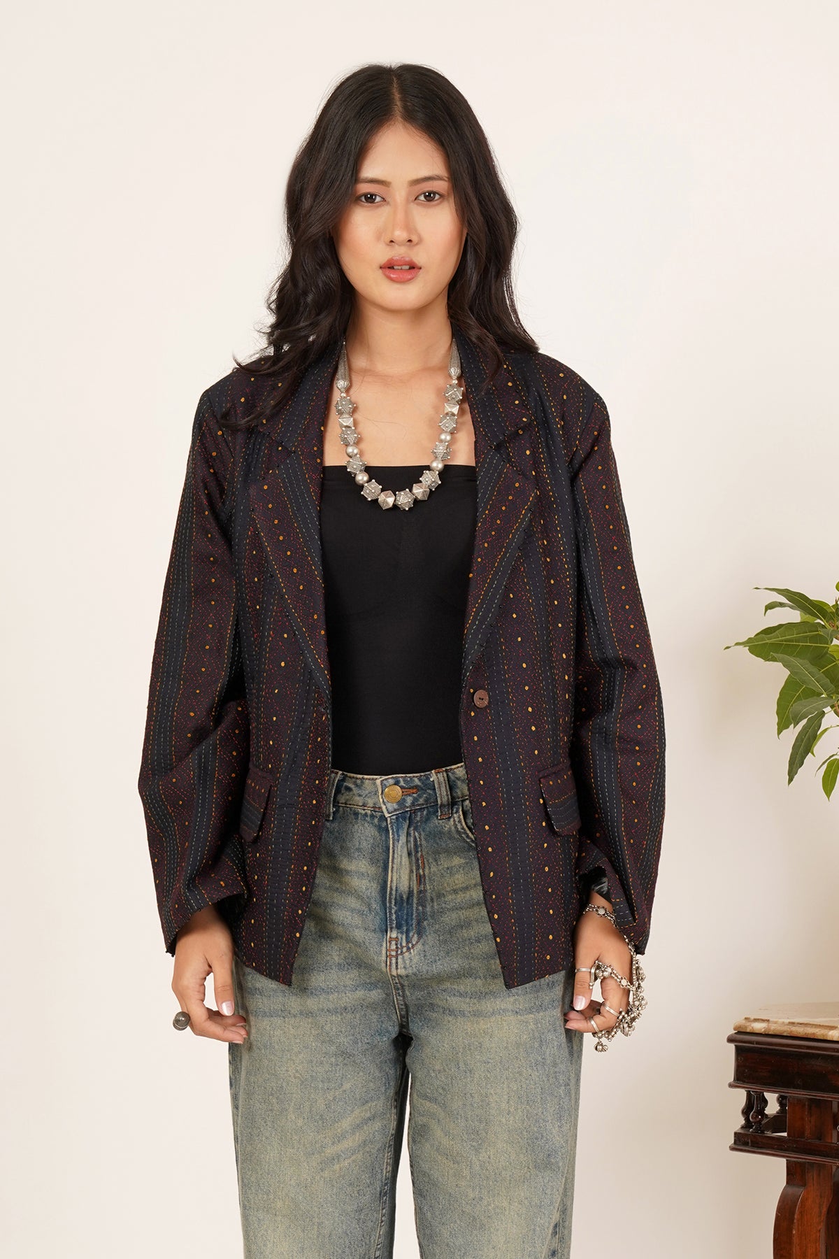 Kantha & Ikat Short Jacket (Black)
