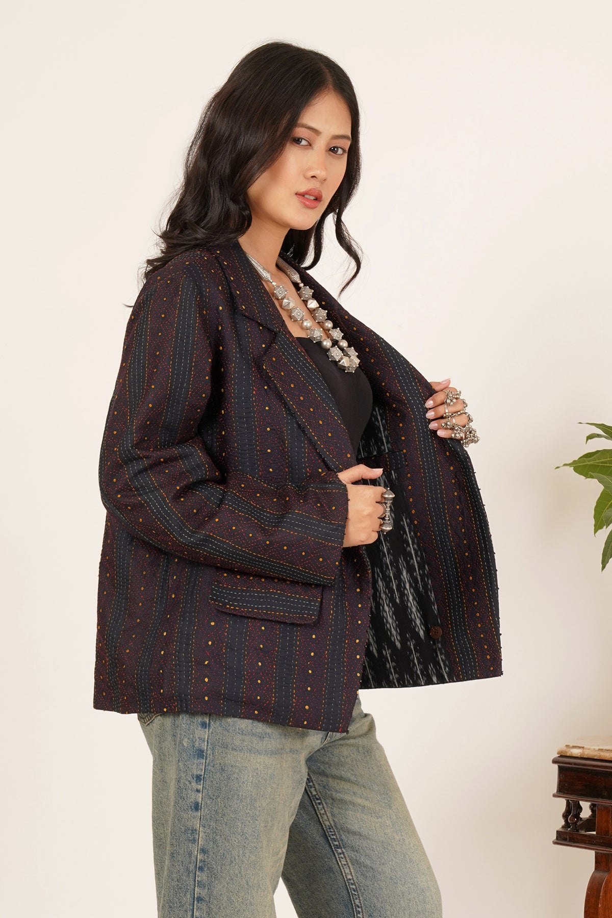 Kantha & Ikat Short Jacket (Black)