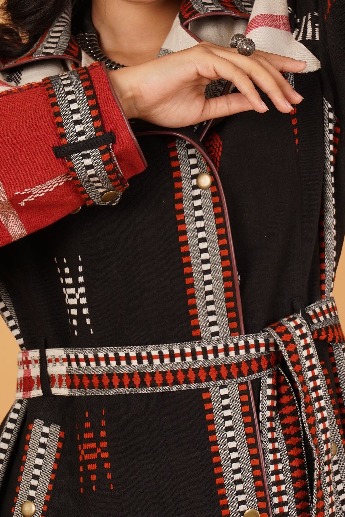 Black Red Kotpad Trench Jacket