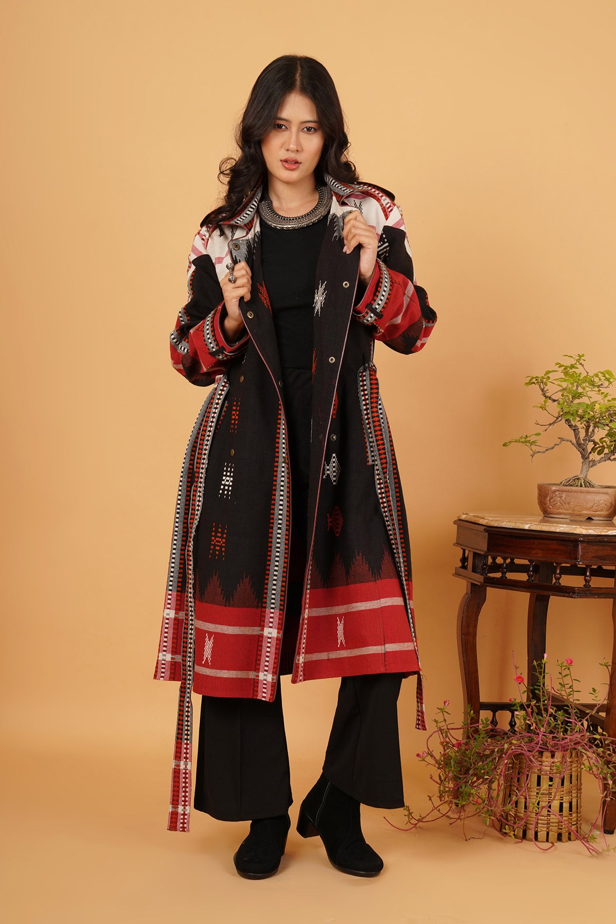 Black Red Kotpad Trench Jacket