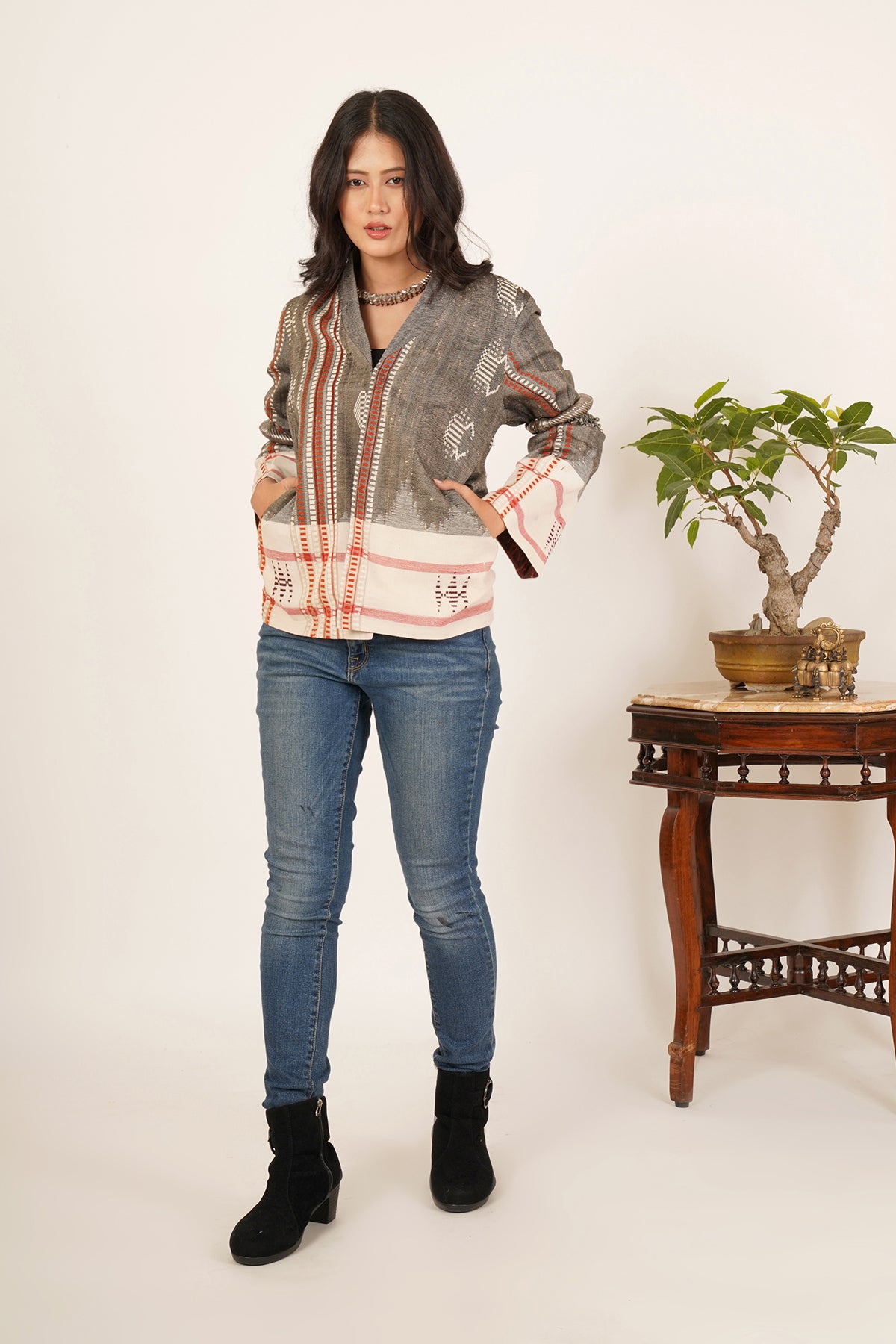 Grey White Kotpad Short Jacket