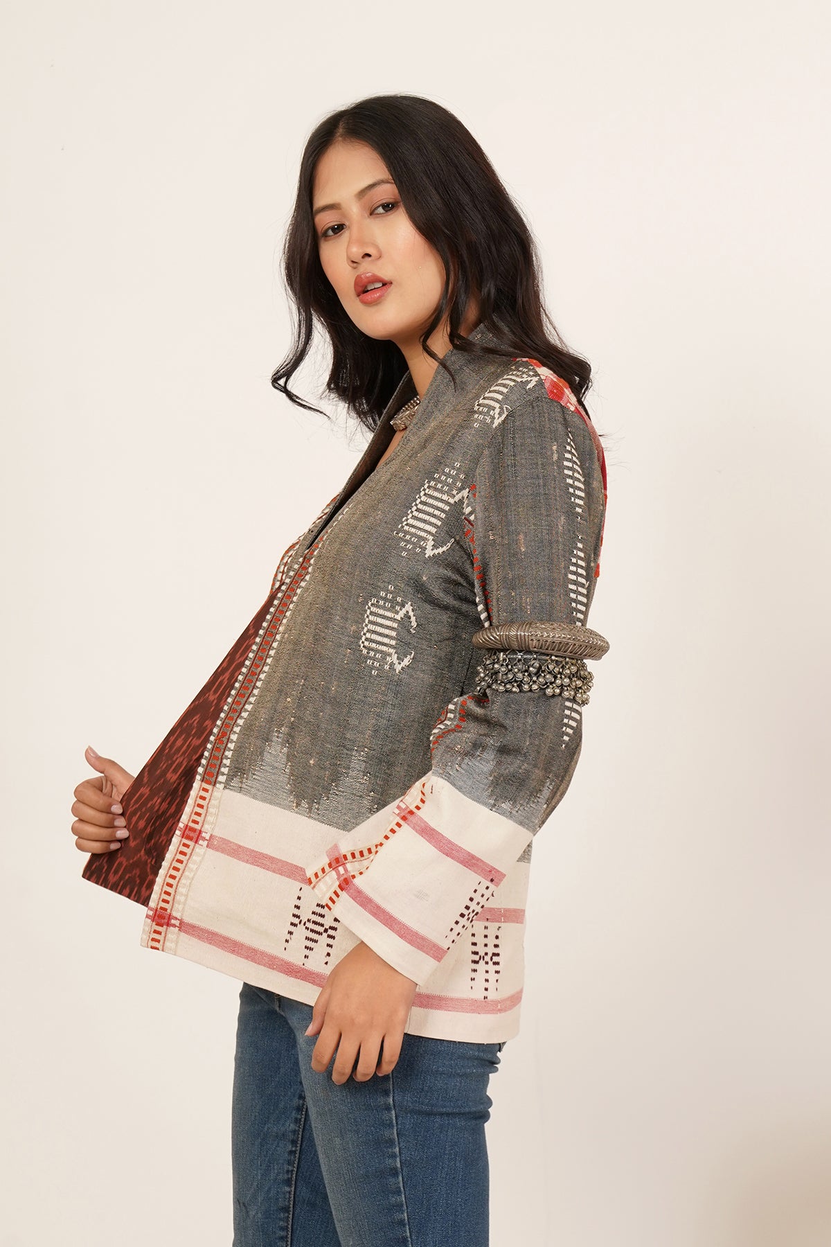 Grey White Kotpad Short Jacket