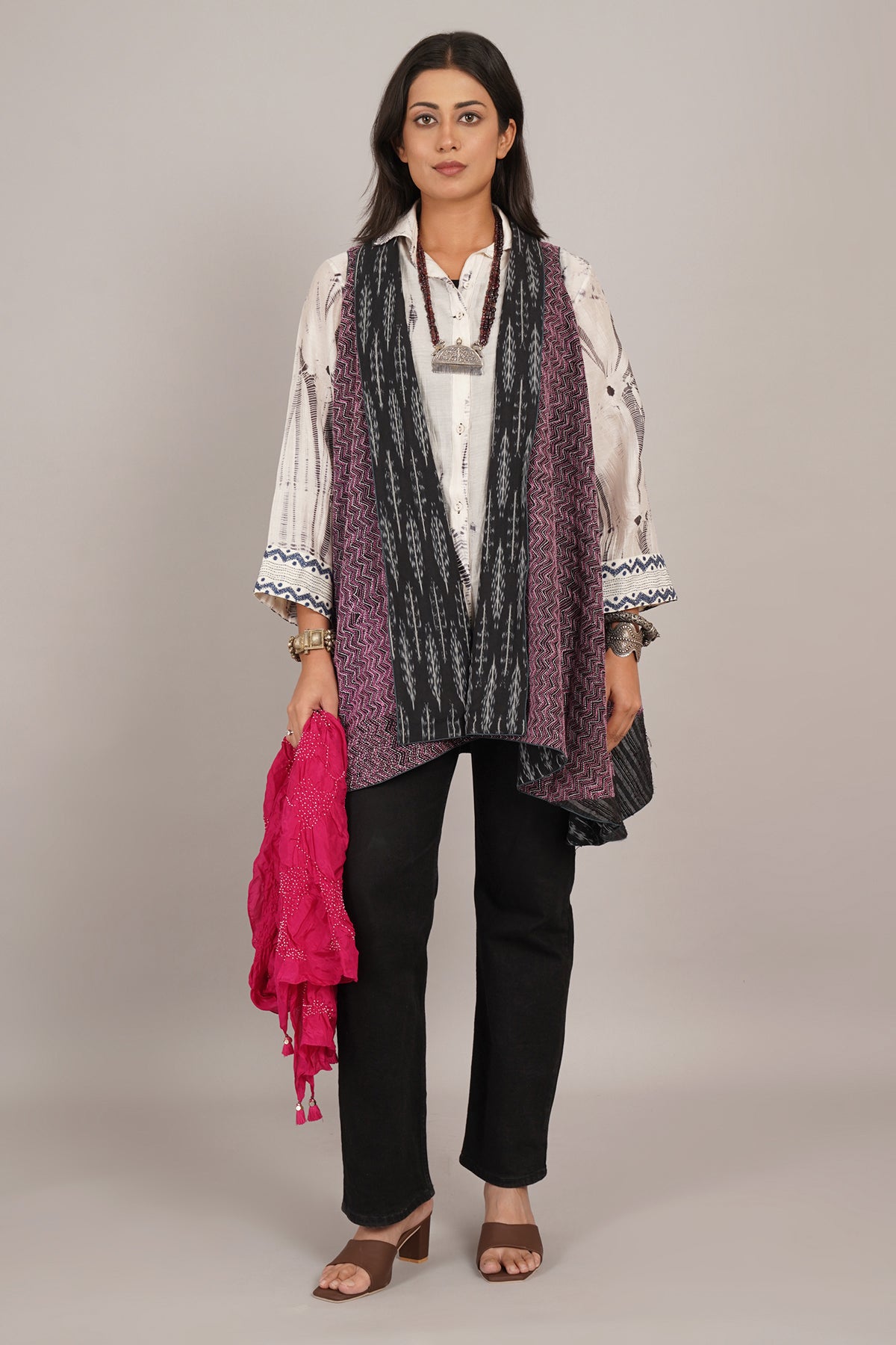 Black Purple Kantha And Ikat Cotton Overlay