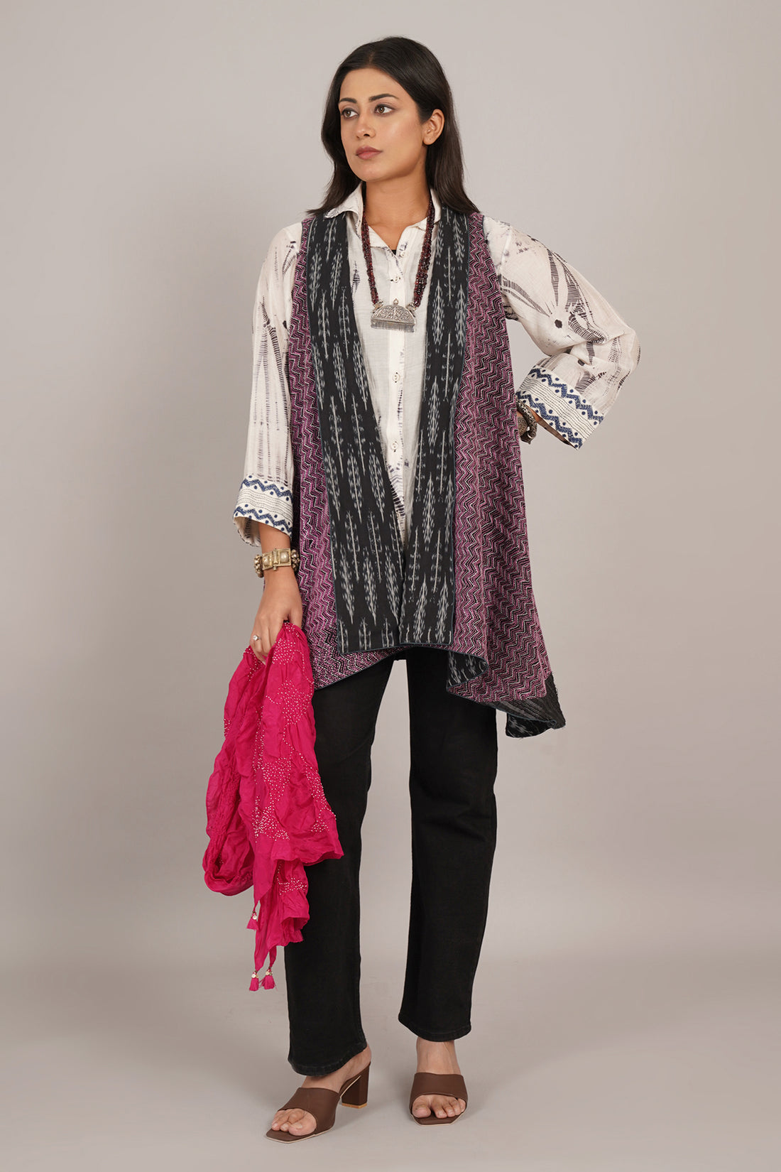 Black Purple Kantha And Ikat Cotton Overlay