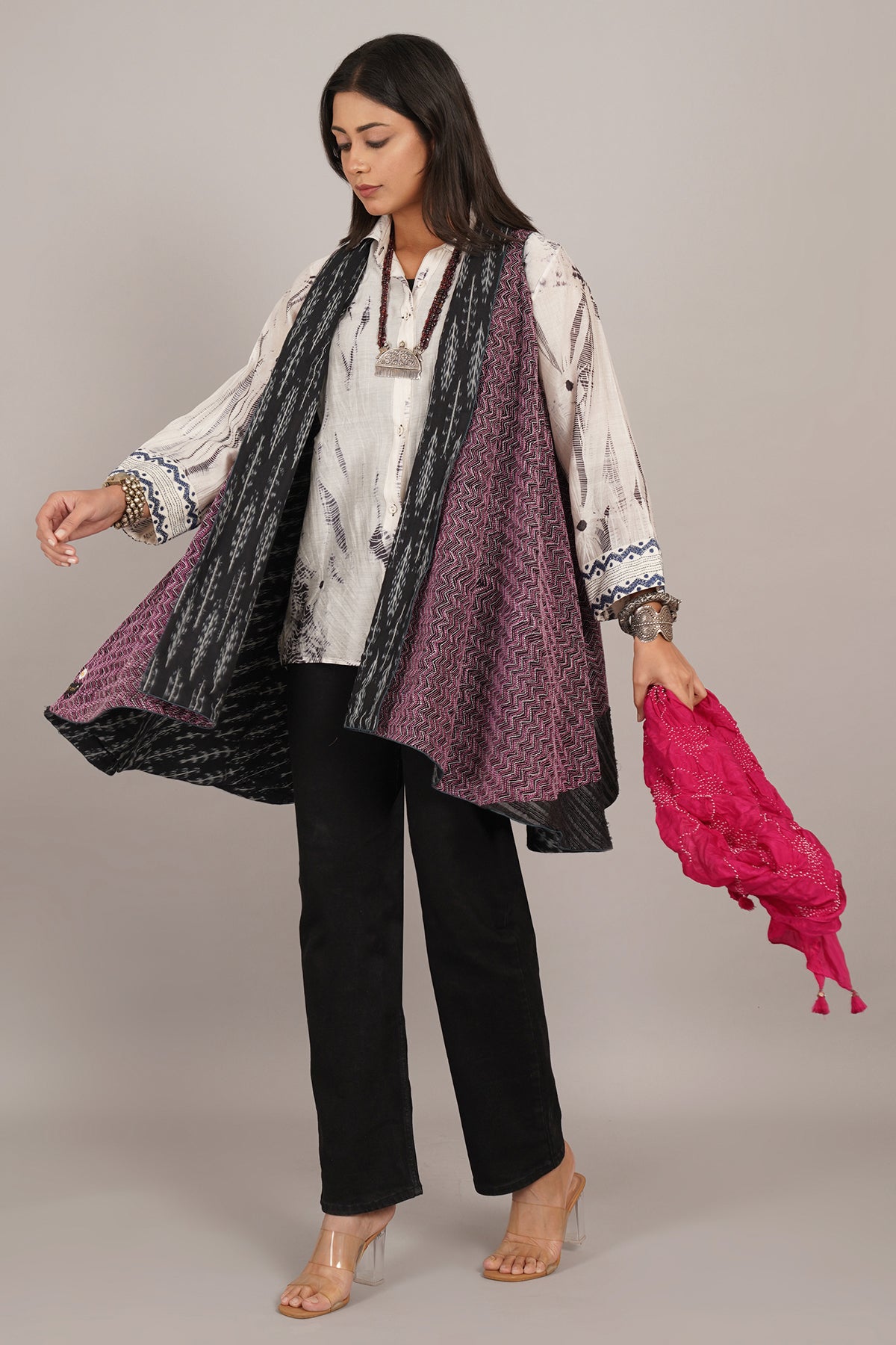 Black Purple Kantha And Ikat Cotton Overlay