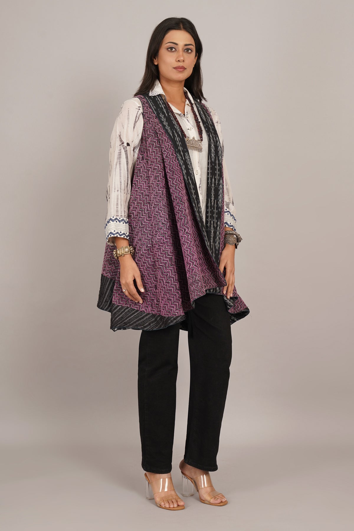 Black Purple Kantha And Ikat Cotton Overlay