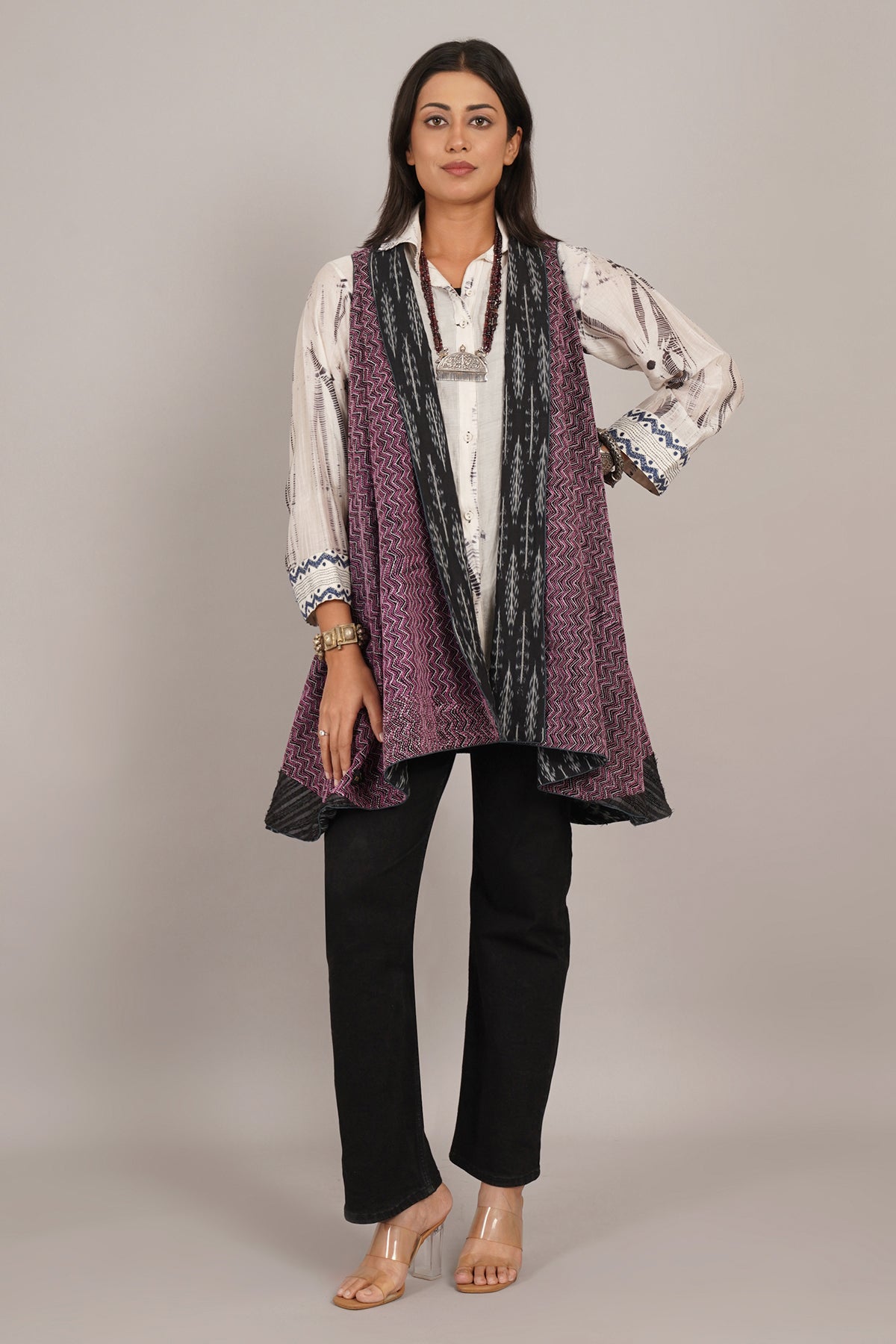 Black Purple Kantha And Ikat Cotton Overlay