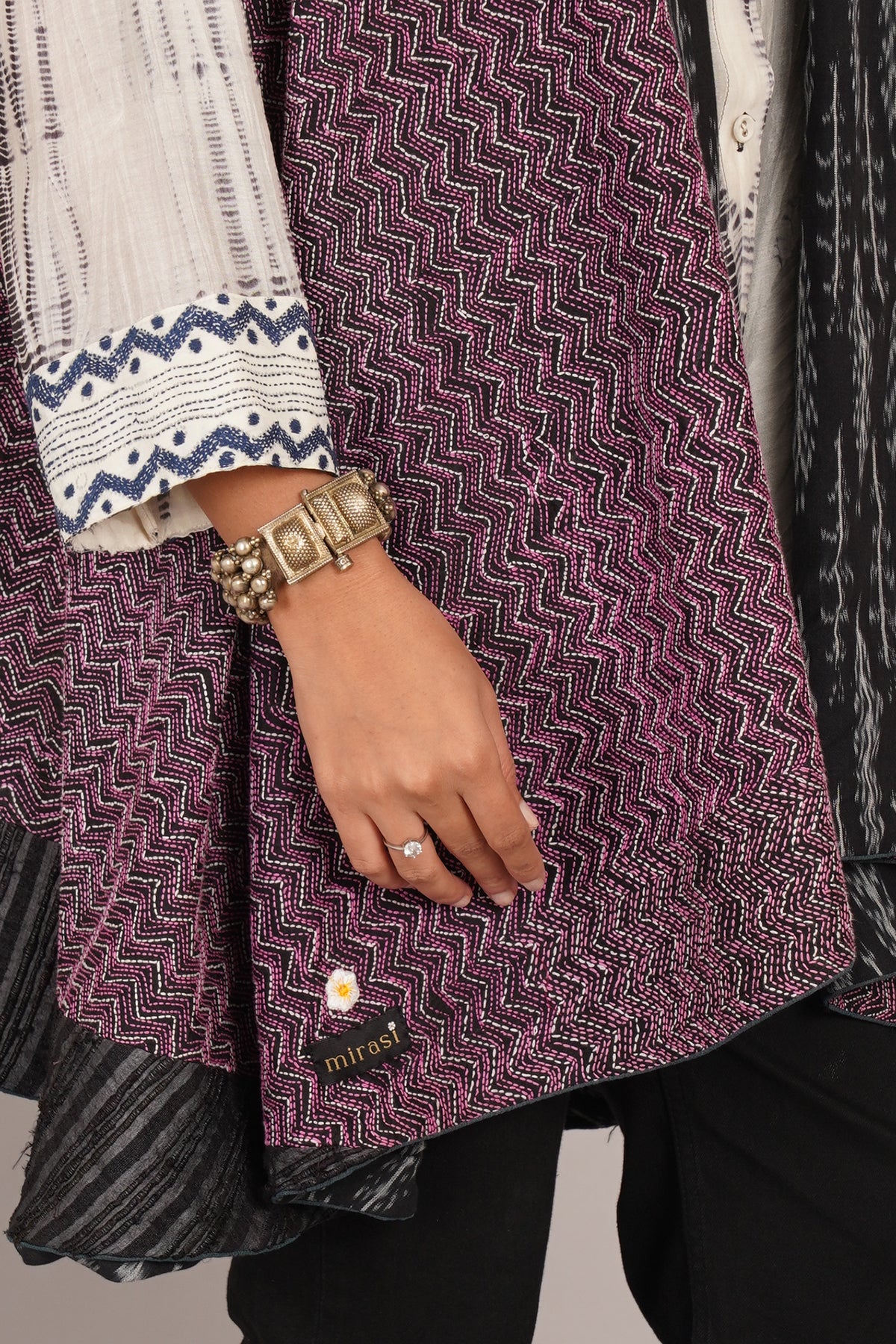 Black Purple Kantha And Ikat Cotton Overlay