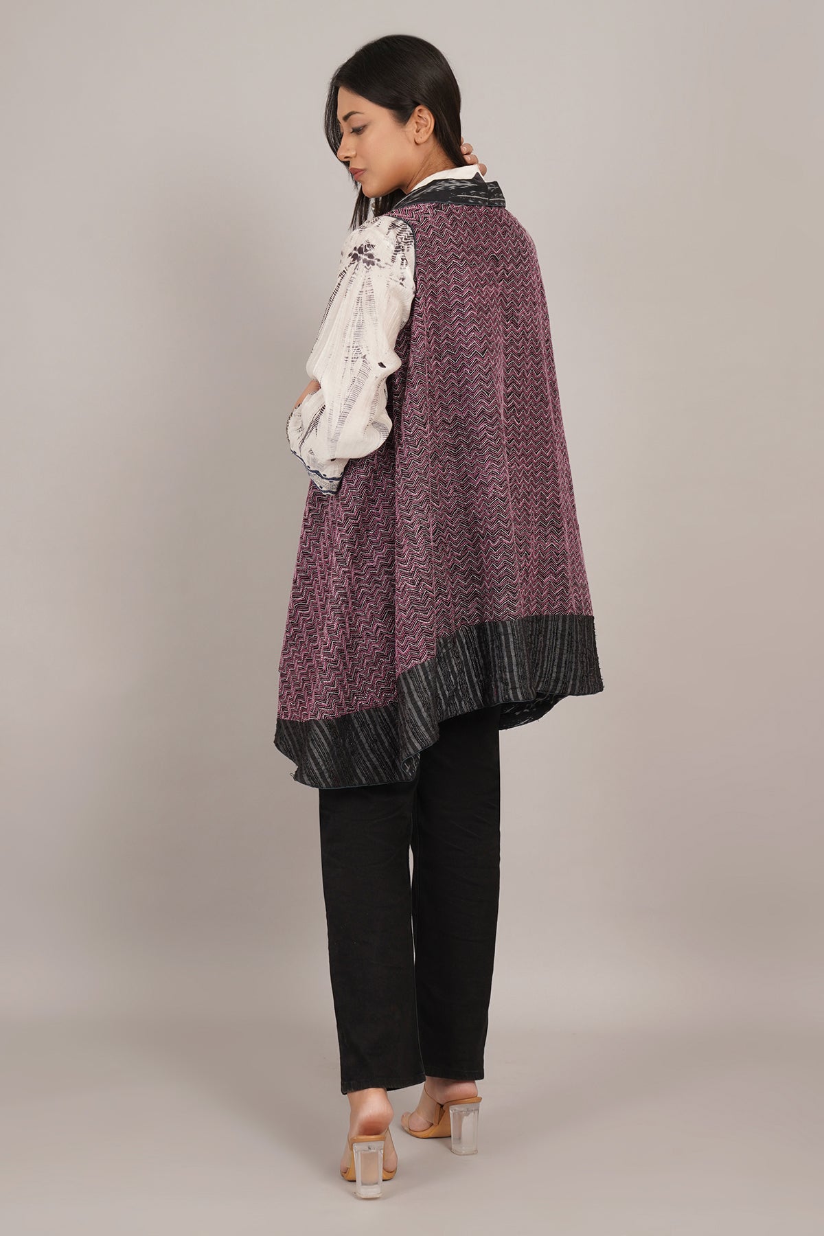 Black Purple Kantha And Ikat Cotton Overlay