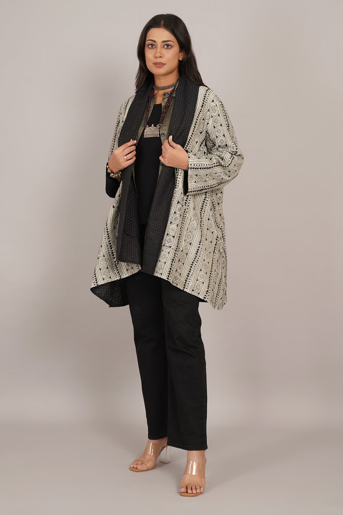 Off White Kantha Black Chanderi Overlay