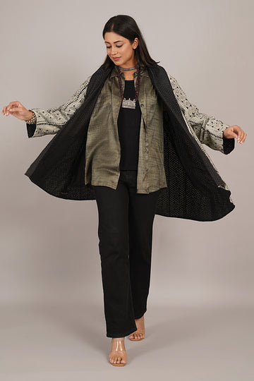 Off White Kantha Black Chanderi Overlay