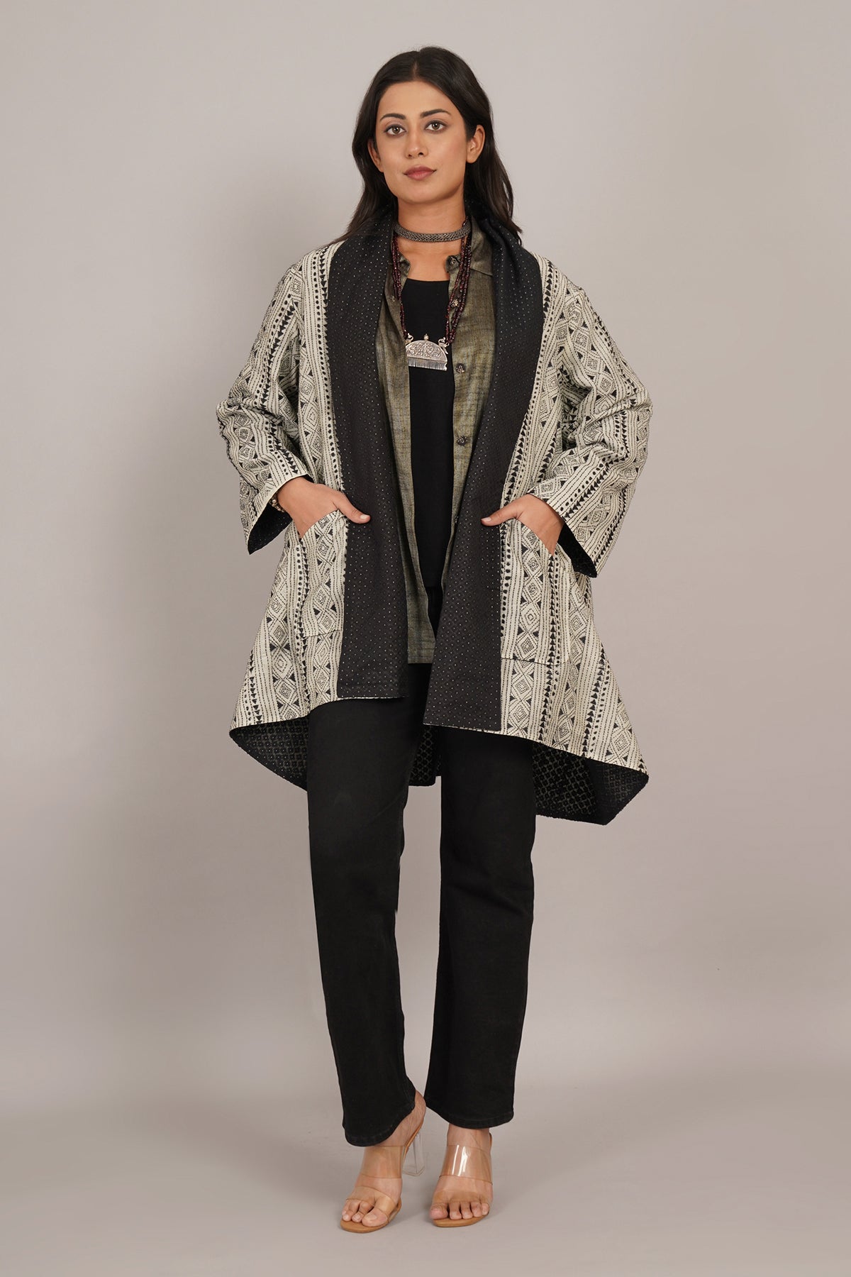 Off White Kantha Black Chanderi Overlay