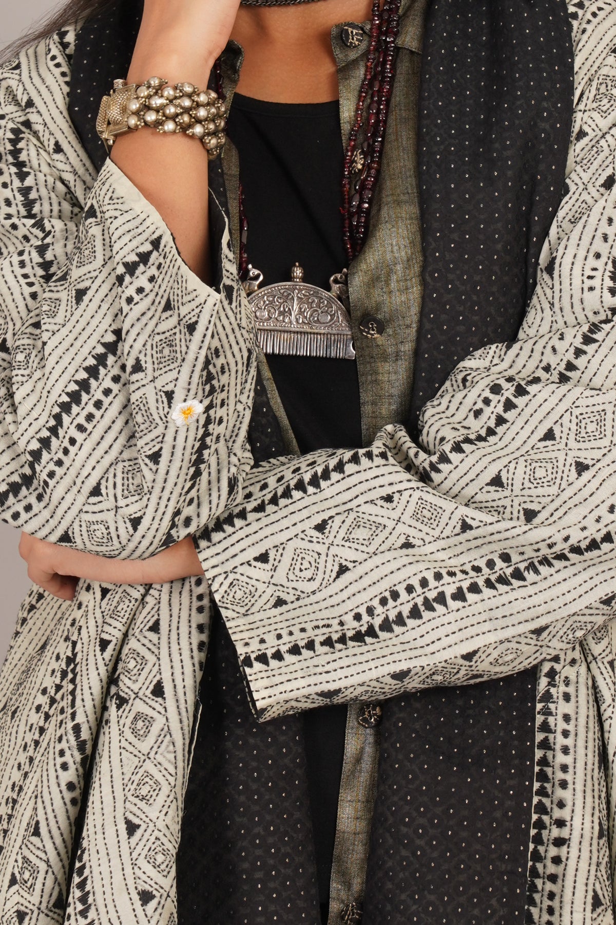 Off White Kantha Black Chanderi Overlay