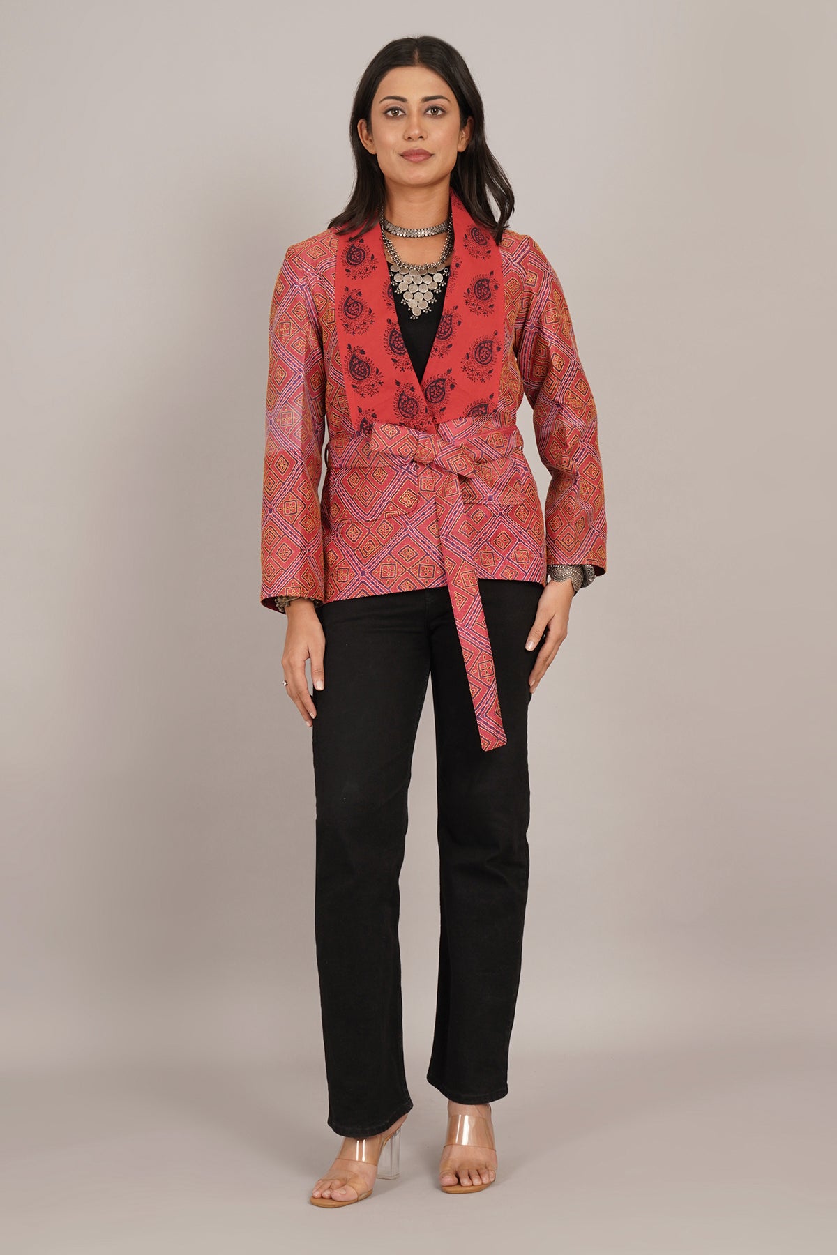 Red Kantha And Ajrak Short Jacket