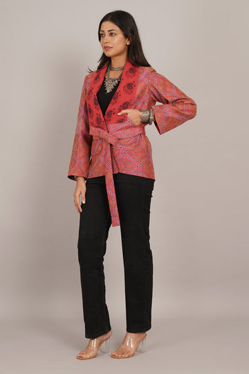 Red Kantha And Ajrak Short Jacket