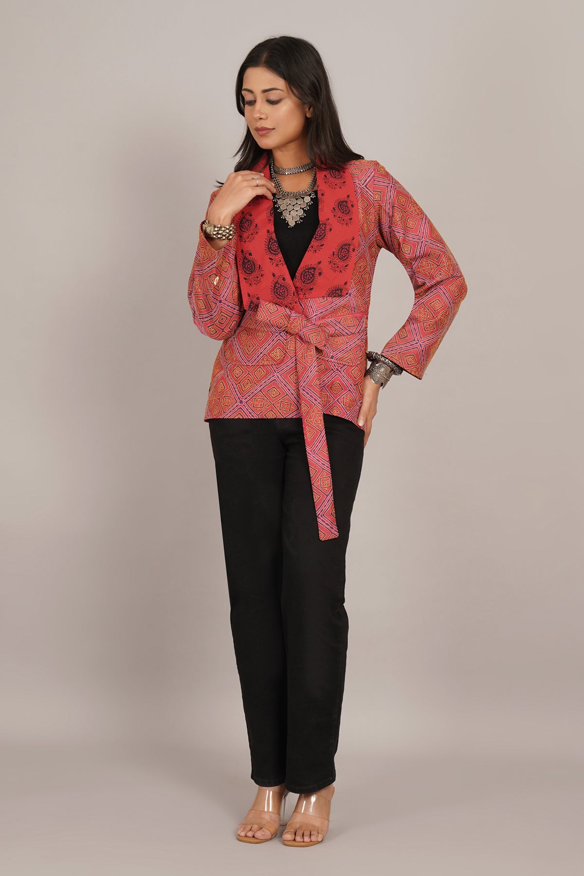 Red Kantha And Ajrak Short Jacket