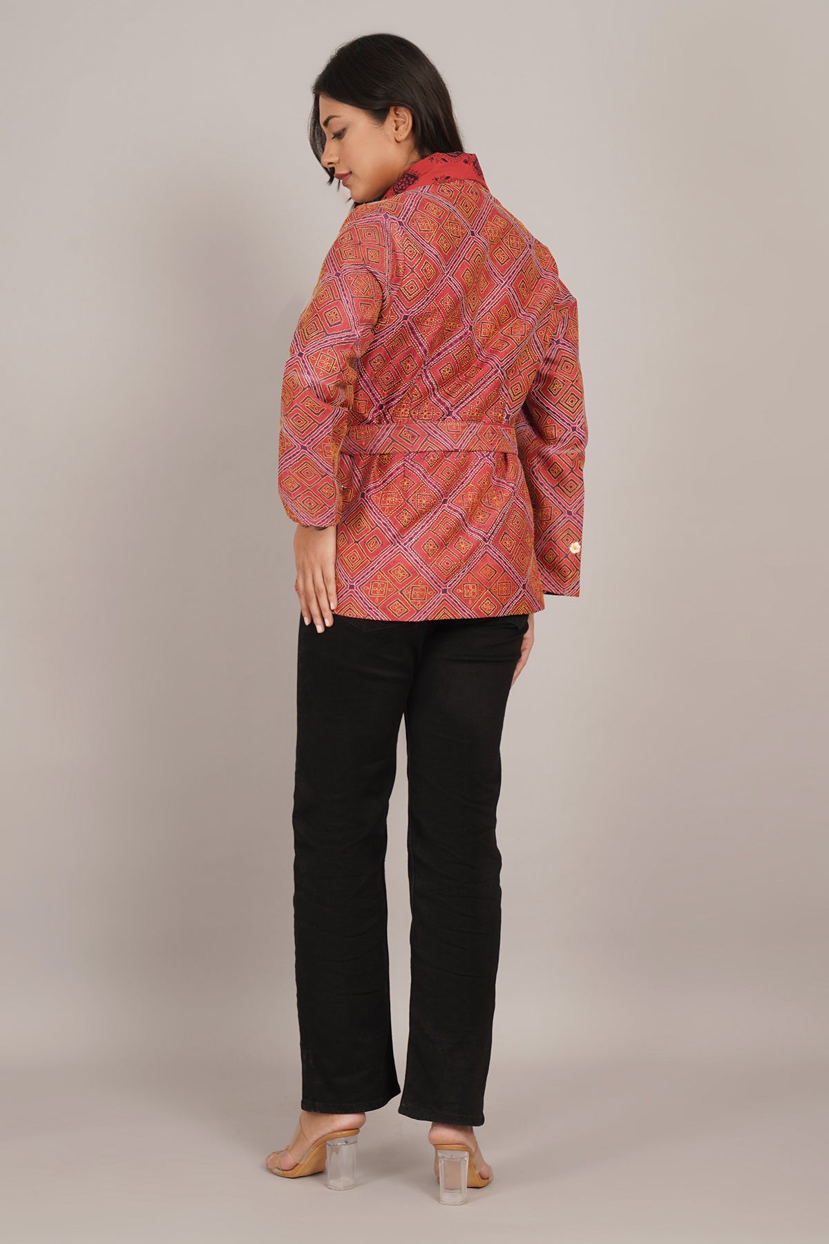 Red Kantha And Ajrak Short Jacket