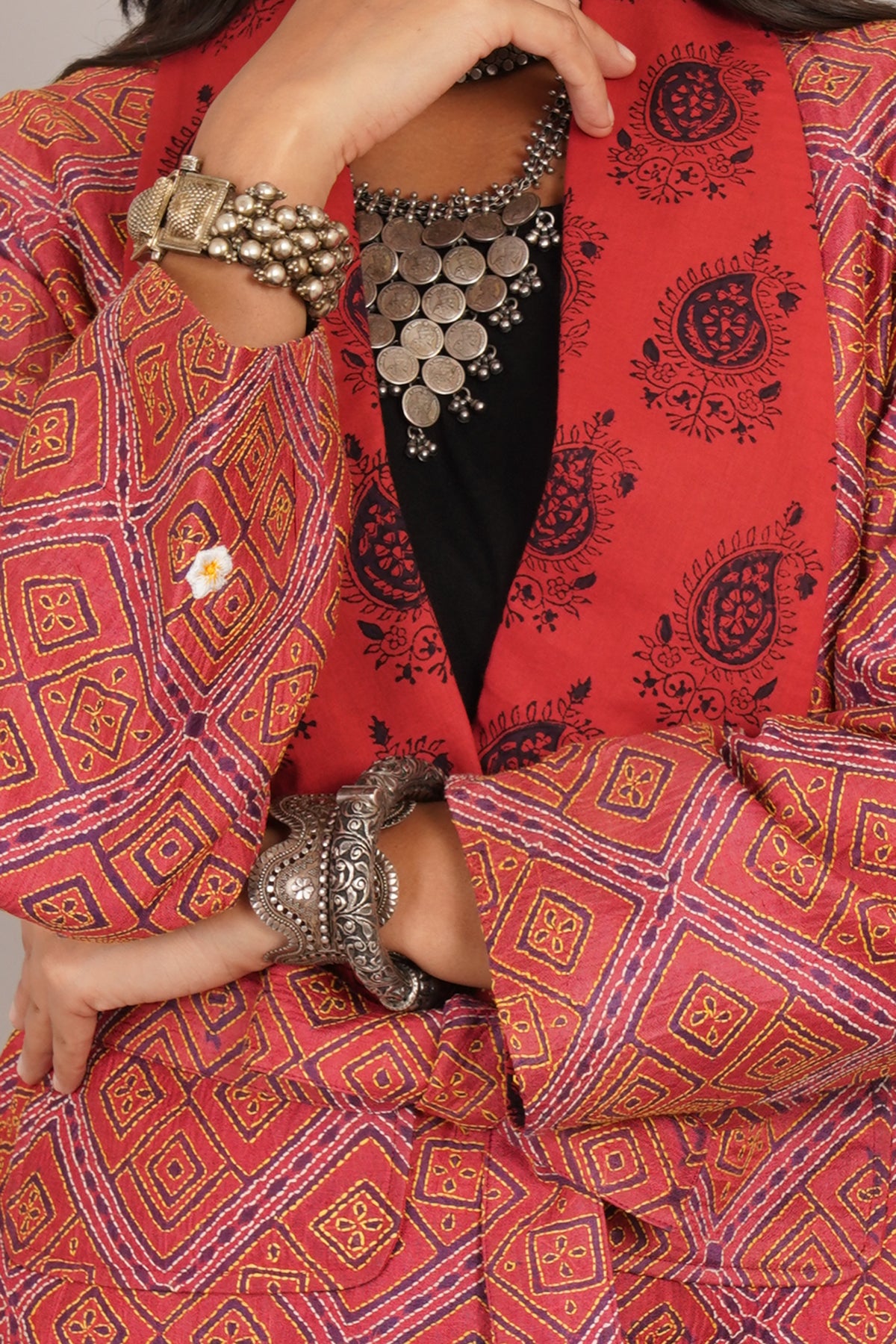 Red Kantha And Ajrak Short Jacket