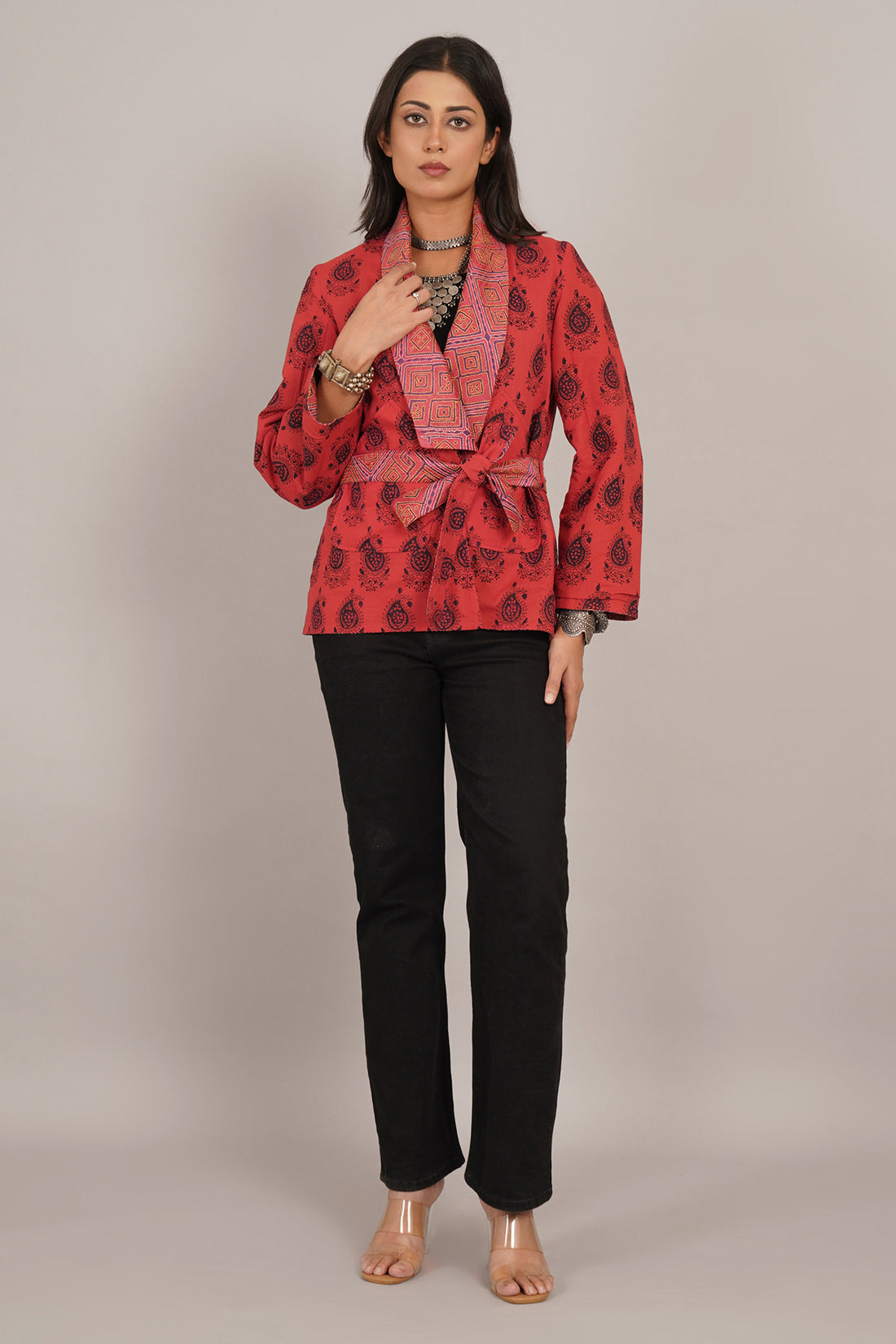 Red Kantha And Ajrak Short Jacket