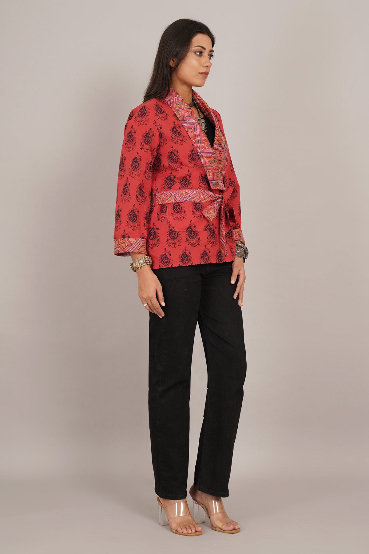 Red Kantha And Ajrak Short Jacket