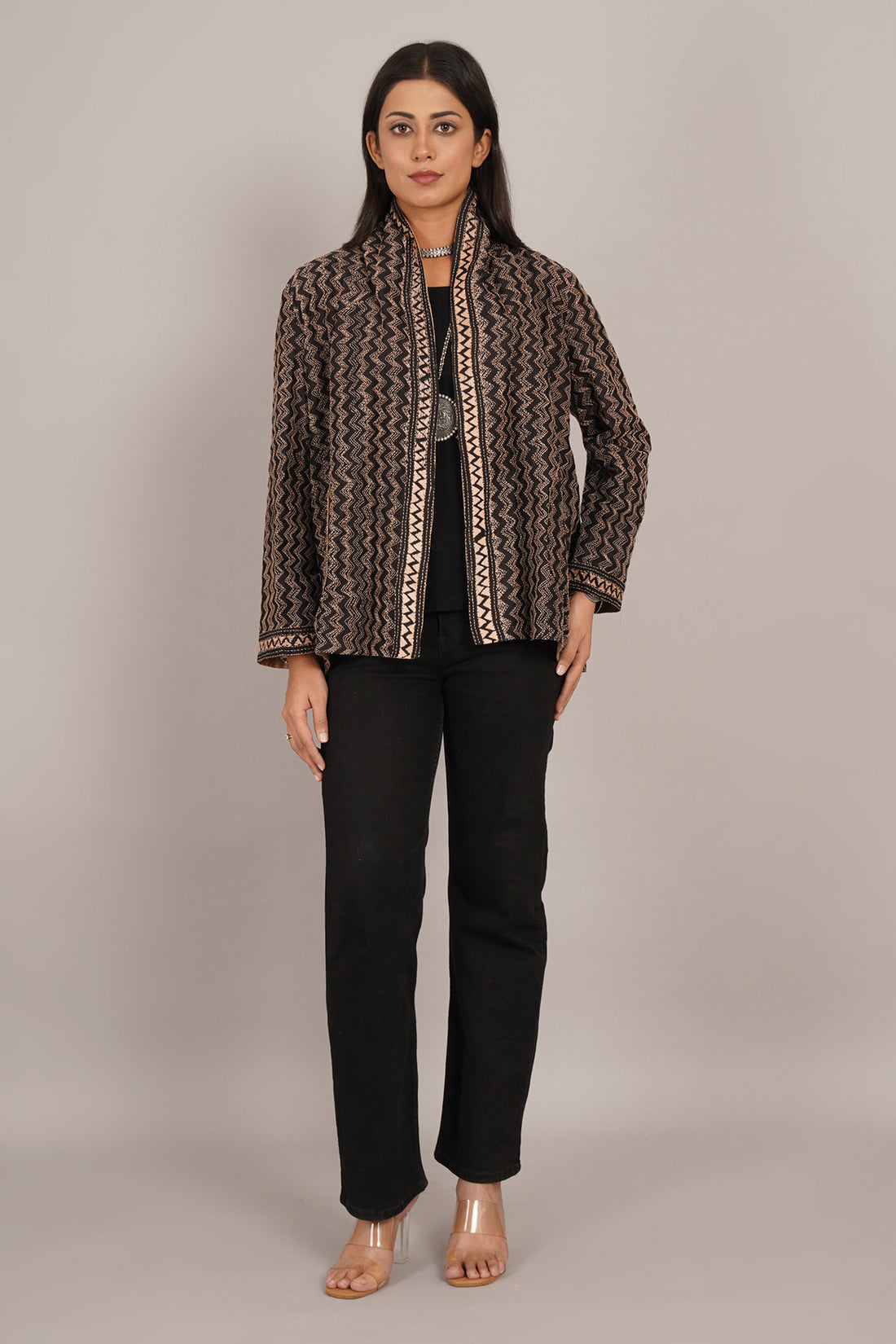 Black Kantha Cream Chanderi Overlay