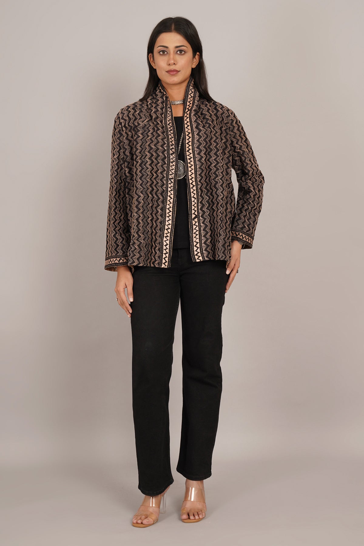 Black Kantha Cream Chanderi Overlay