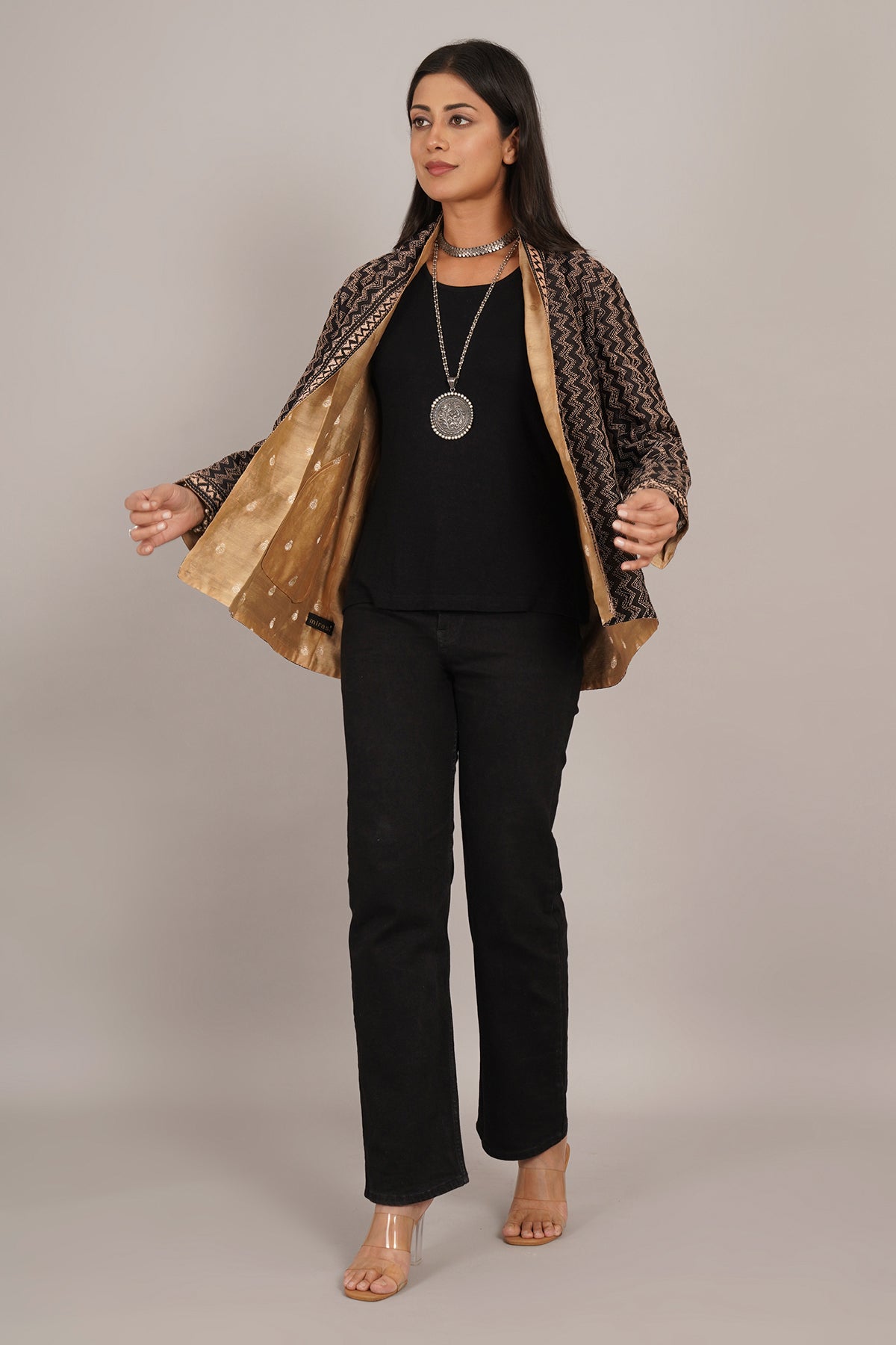 Black Kantha Cream Chanderi Overlay