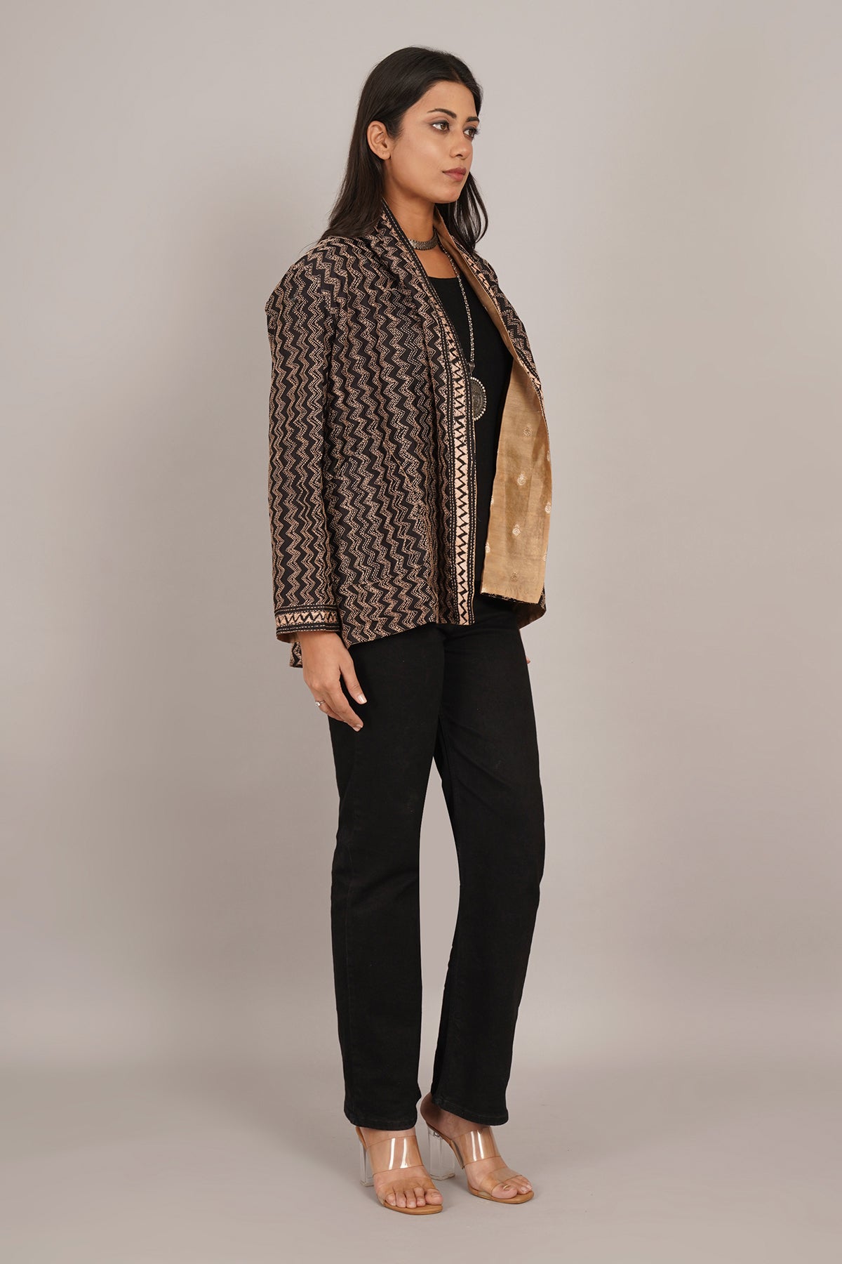 Black Kantha Cream Chanderi Overlay