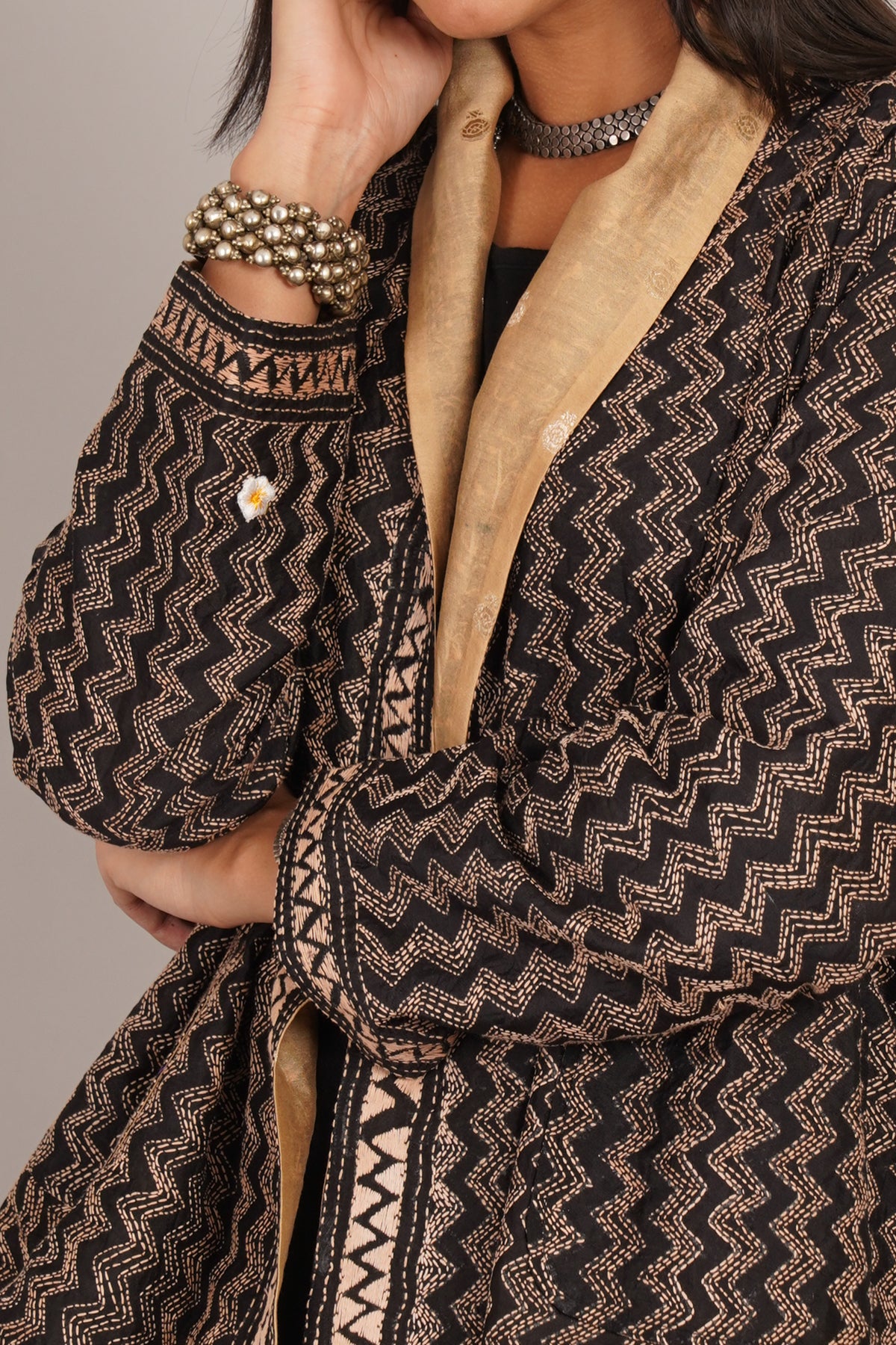 Black Kantha Cream Chanderi Overlay