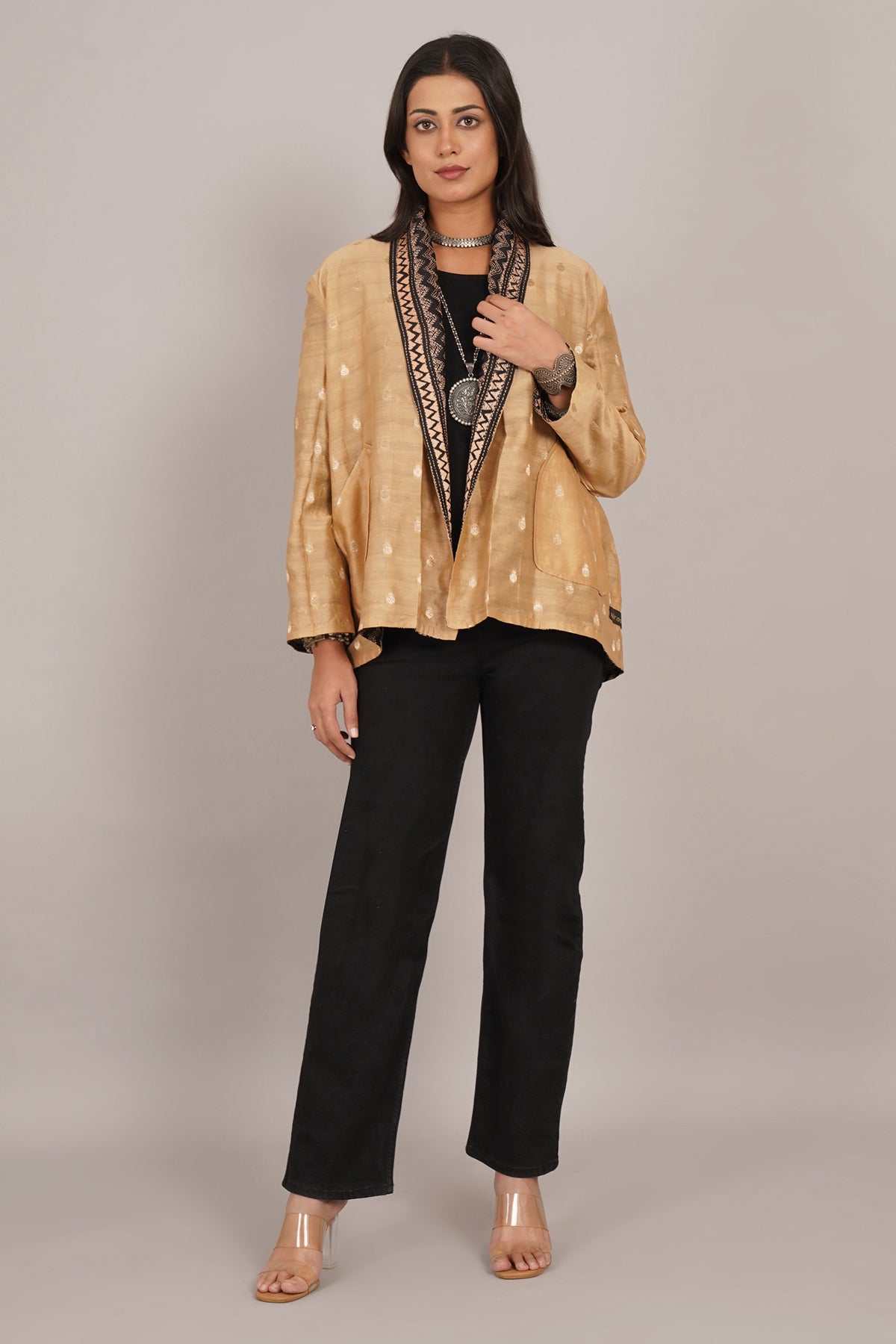 Black Kantha Cream Chanderi Overlay