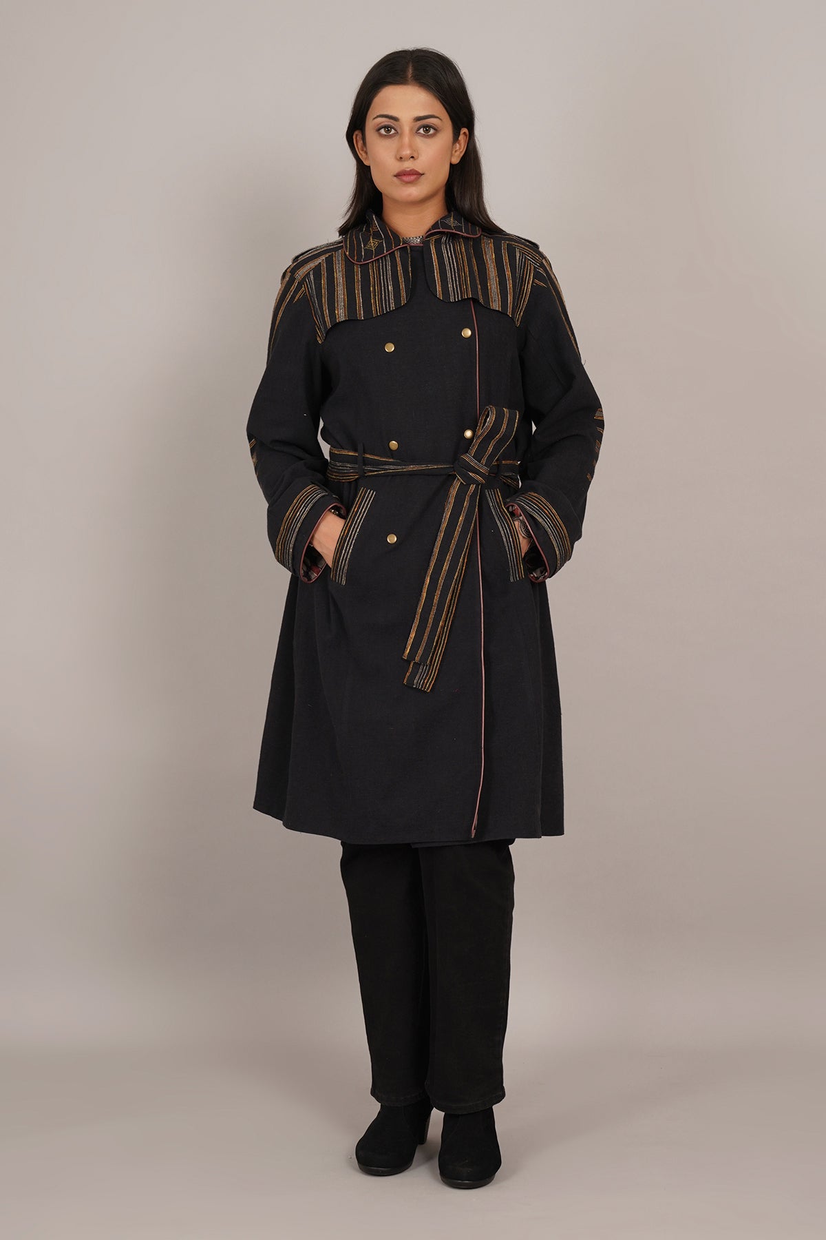 Black Bhujodi Ikat Cotton Trench Jacket