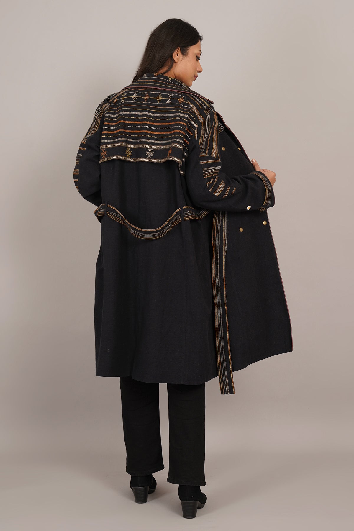 Black Bhujodi Ikat Cotton Trench Jacket